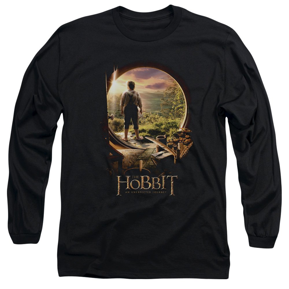 The Hobbit: An Unexpected Journey Movie Inspired Hobbit in Door Design Adult Long Sleeve T-Shirt - Black | Fantasy Movie Merchandise & Lord of the Rings Fan Gift