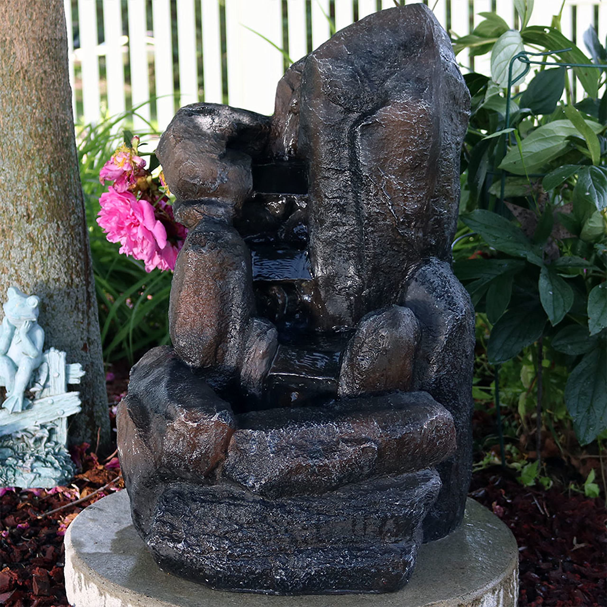 Sunnydaze Rock Falls 22-Inch Solar Fountain with Battery Backup & LED Lights - Submersible Water Pump - Durable Polyresin & Fiberglass Design - Perfect for Garden, Patio, and Outdoor Decor