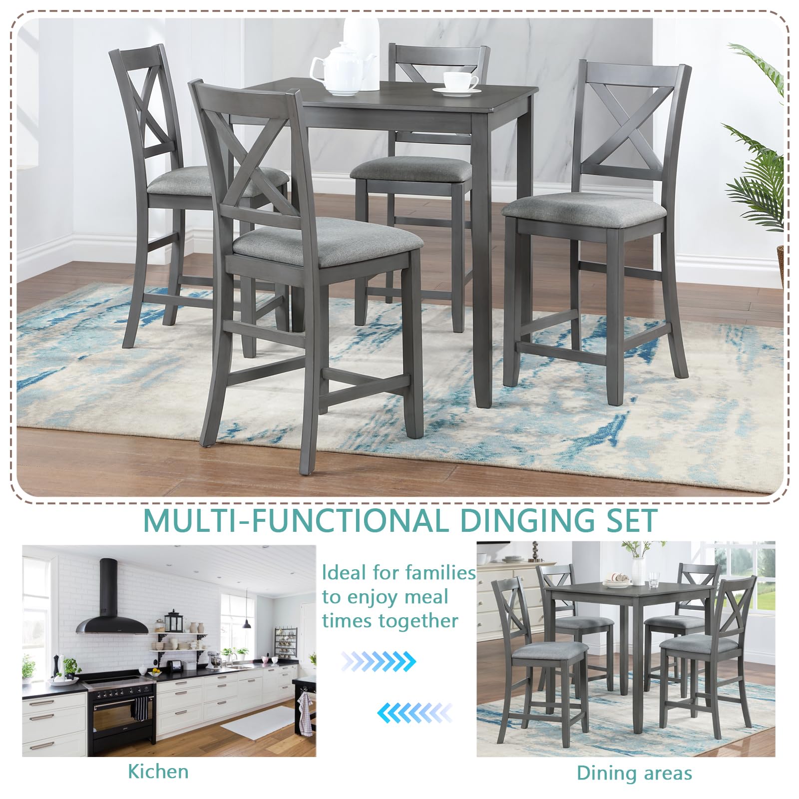 5-Piece Counter Height Dining Table Set for 4 - Farmhouse Style Wood Kitchen Table with 4 Upholstered Chairs - Grey - Perfect for Small Kitchens, Breakfast Nooks & Cozy Dining Rooms