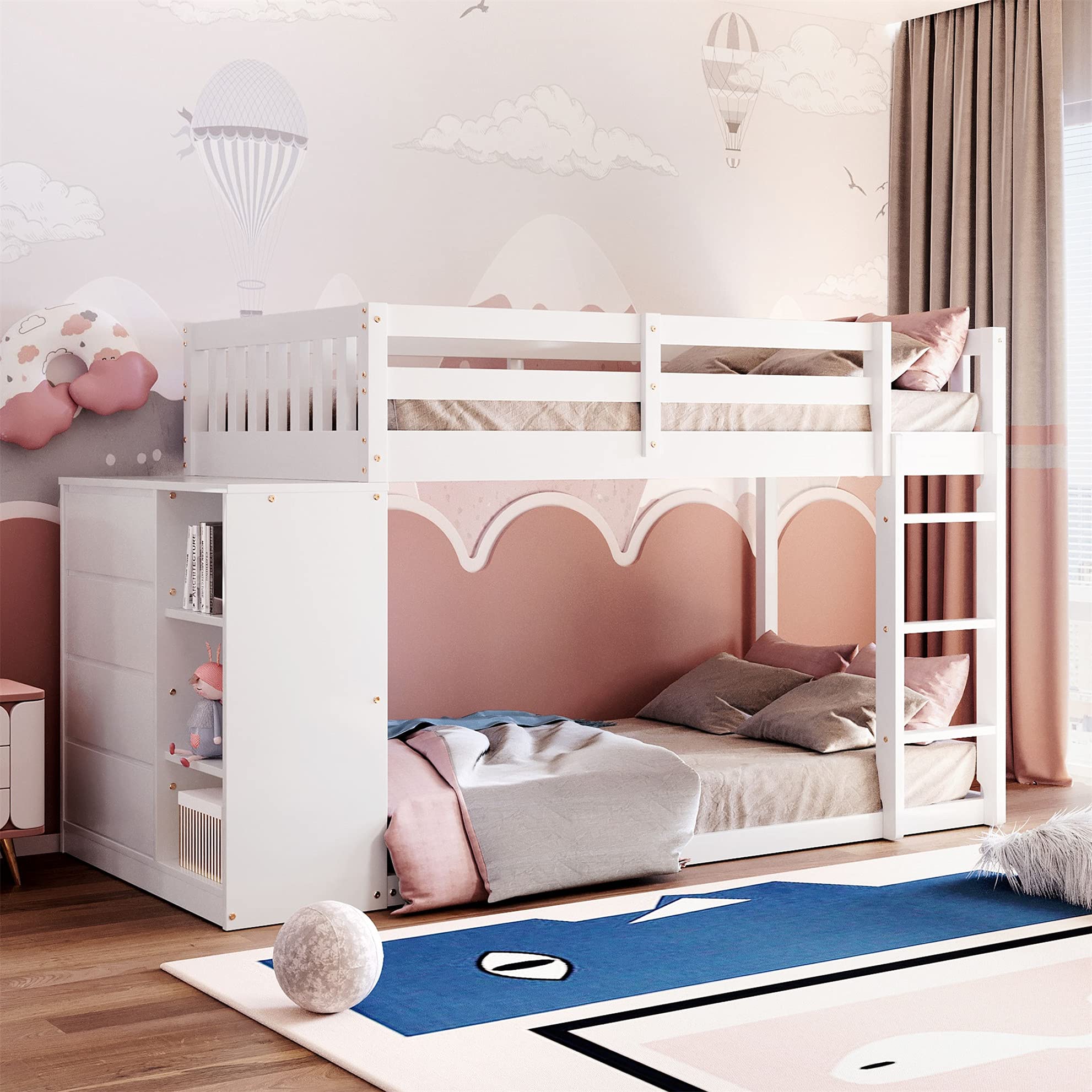 MERITLINE Twin Over Twin Bunk Bed with Storage - Low Bunk Bed Frame with 4 Drawers & 3 Shelves - Solid Wood Loft Bed for Kids, Girls & Boys (White) - Perfect for Small Bedrooms, Kids' Rooms & Space-Saving Solutions