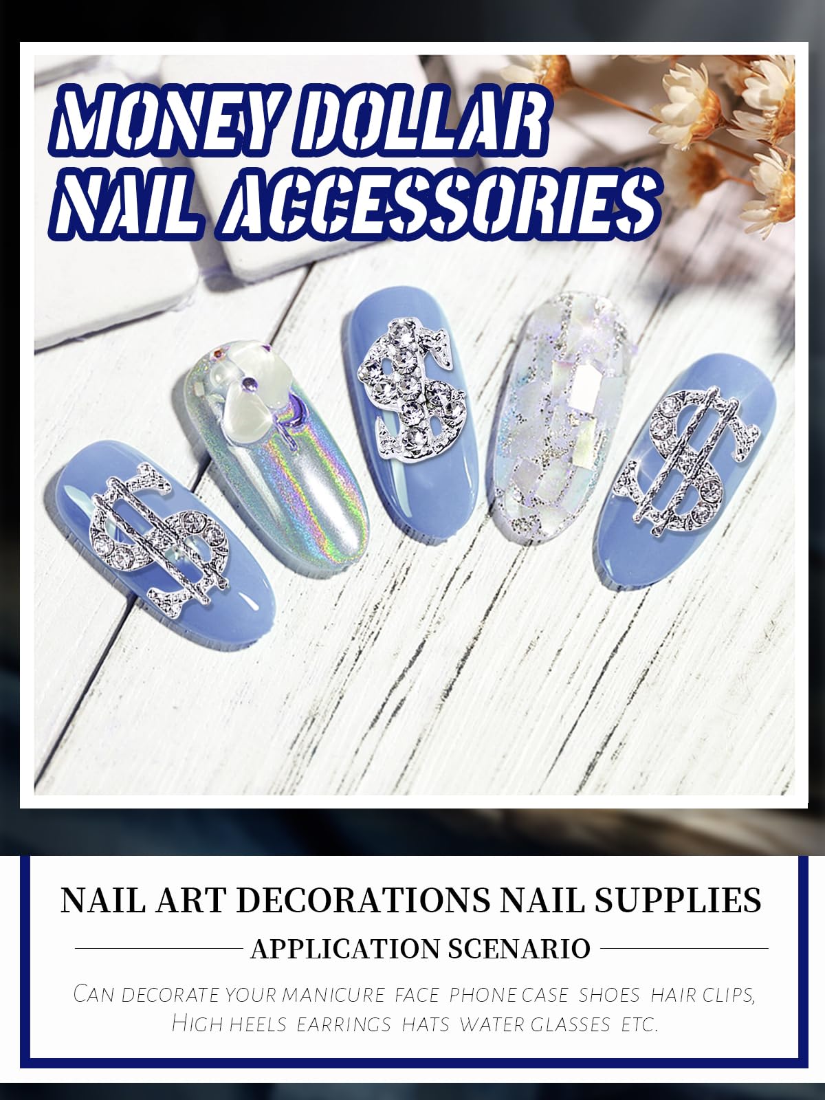 20Pcs 3D Silver & Gold Dollar Nail Charms - Shiny Money Sign Rhinestone Nail Art Decorations for Women & Girls | DIY Nail Jewelry & Craft Accessories | Perfect for Parties, Holidays & Special Occasions
