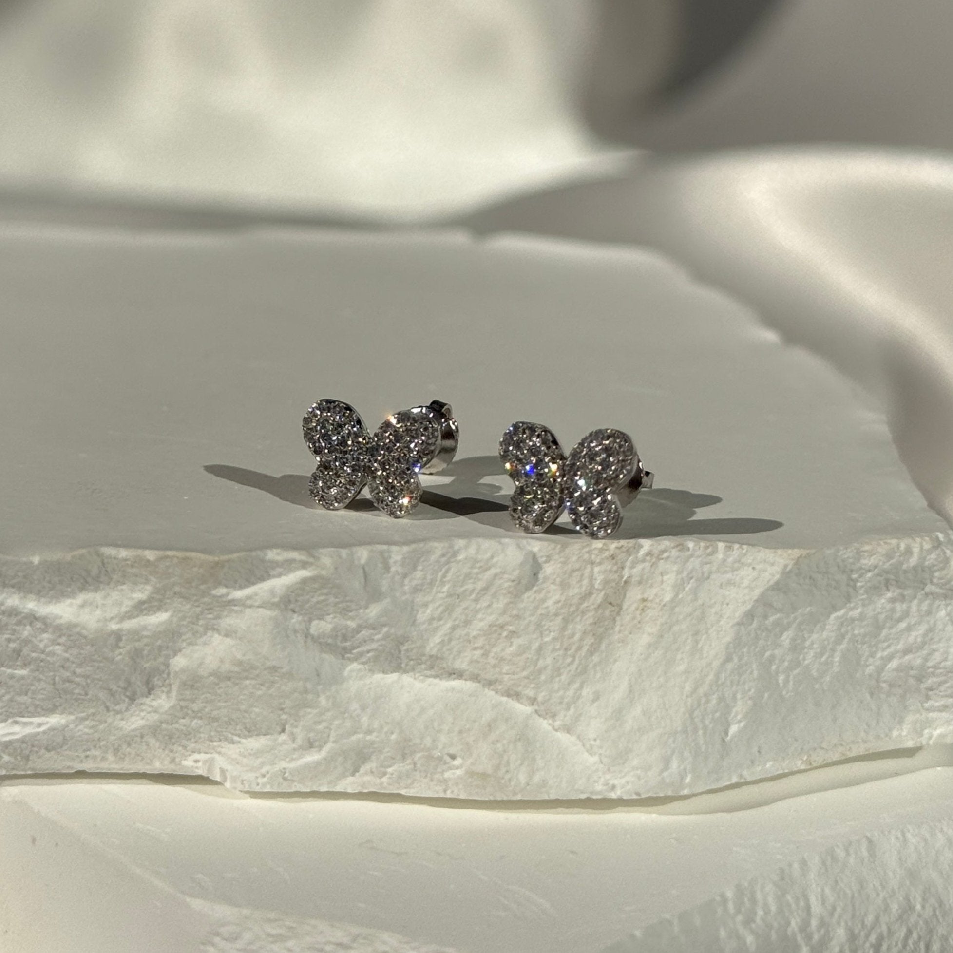14K White Gold Diamond Pavé Butterfly Screw Back Earrings - Elegant Stud Earrings for Women, Perfect for Weddings, Parties & Special Occasions
