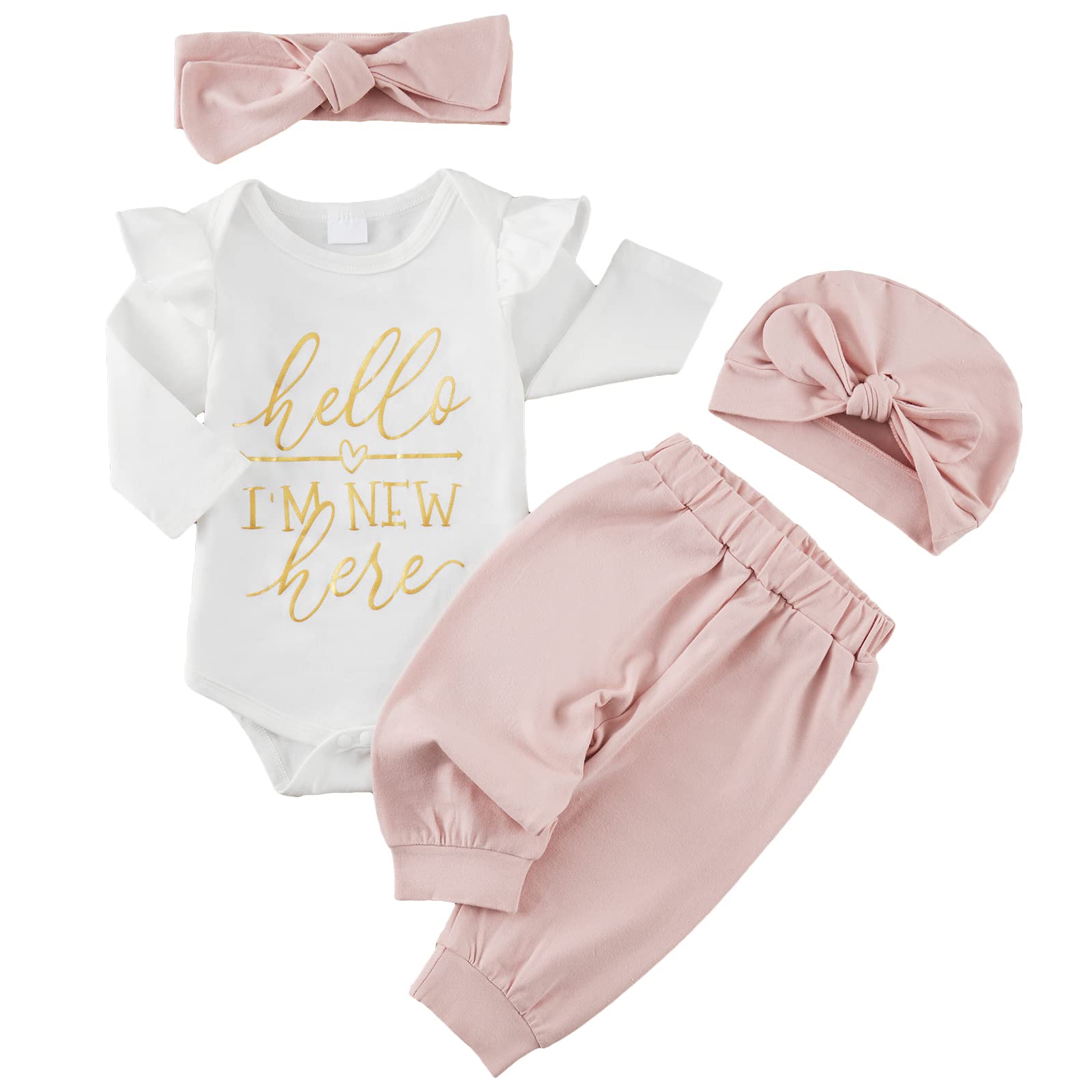 Newborn Baby Girl Clothes Set 0-3 Months - 4PCS Outfit with Long Sleeve Romper, Floral Pants, Headband & Hat | Perfect for Photoshoots, Parties & Daily Wear