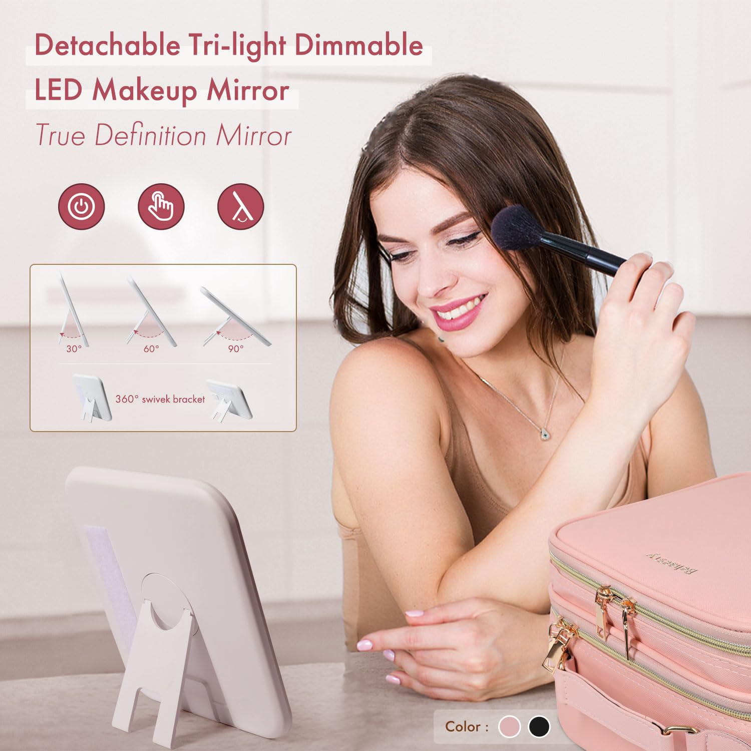 Travel Makeup Bag with LED Mirror - Double Layer Cosmetic Organizer with Detachable Vanity Mirror, Tri-Light Dimmable Settings, Adjustable Dividers & Brush Holder - Perfect for Home, Travel & Professional Makeup Artists