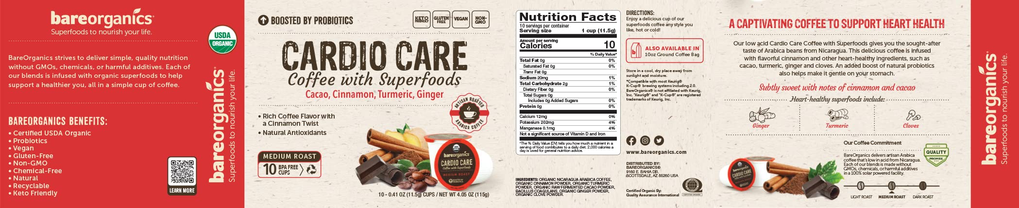 Bare Organics 15947 Cardio Care USDA Organic Coffee Pods - Keurig K-Cup Compatible, Superfood & Probiotic Infused, Vegan, Gluten Free (80 Count Bulk Pack) - Perfect for Heart Health & Morning Energy Boost