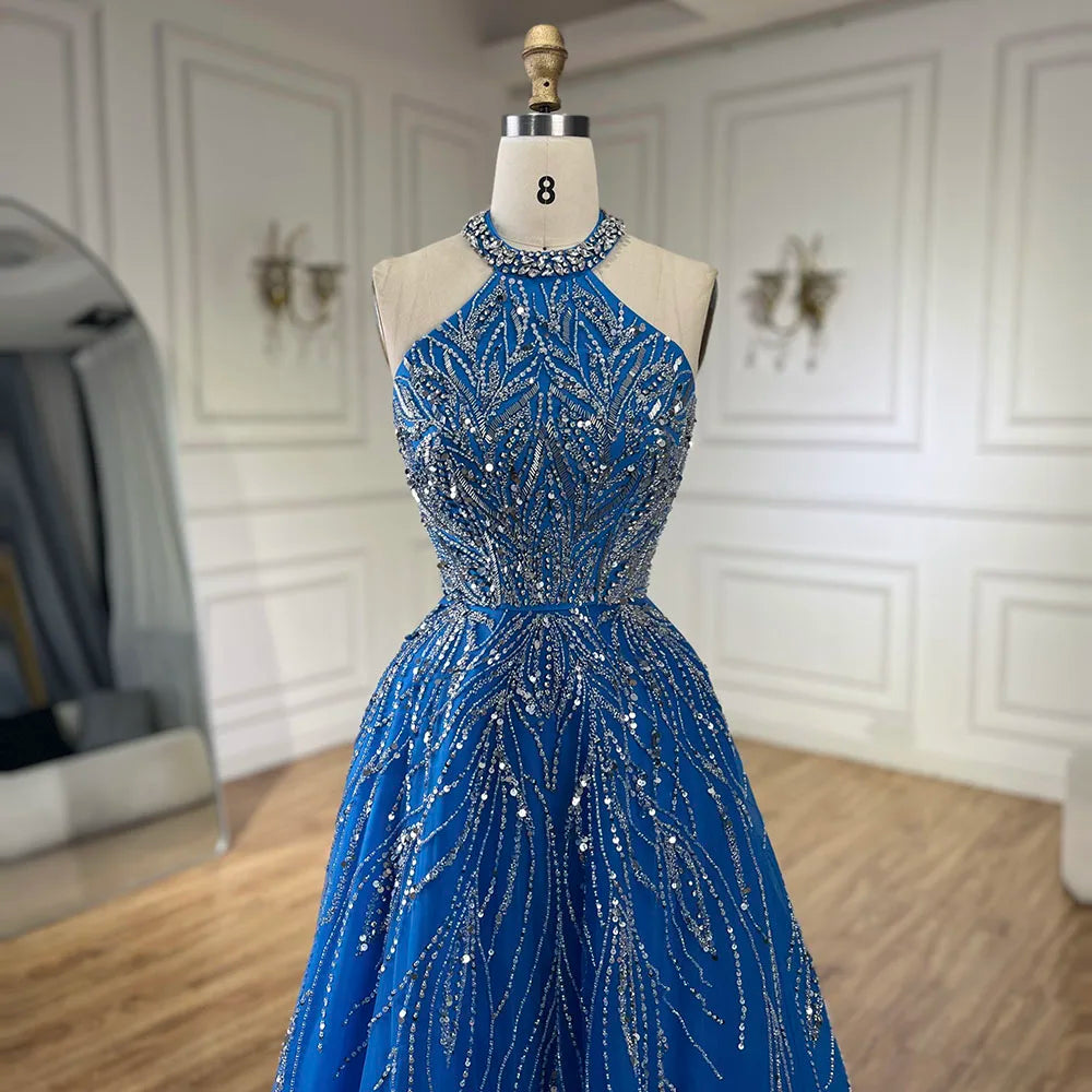 Elegant Blue Arabic A-Line Halter Gown - Luxury Dubai Evening Dress for Women | Wedding, Party & Special Occasion Wear | 2025 Fashion LA72302