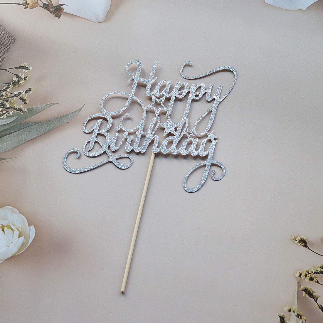 Silver Glitter Happy Birthday Cake Topper - Elegant Party Decor for Birthday Cakes, Wedding, Anniversary & Special Celebrations