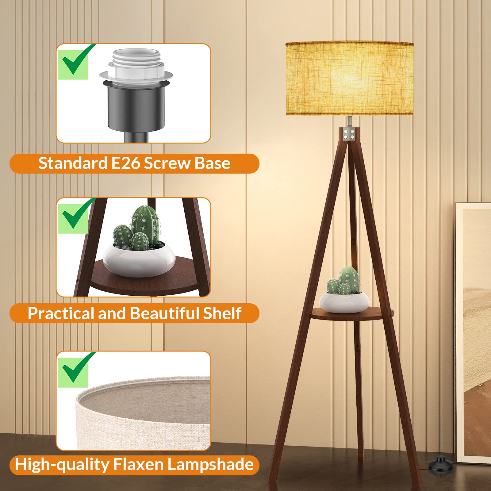 LEPOWER Wood Floor Lamp Brown and Tripod Floor Lamp Walnut - 2-Pack Modern Floor Lamps for Living Room, Bedroom, or Office Lighting Decor