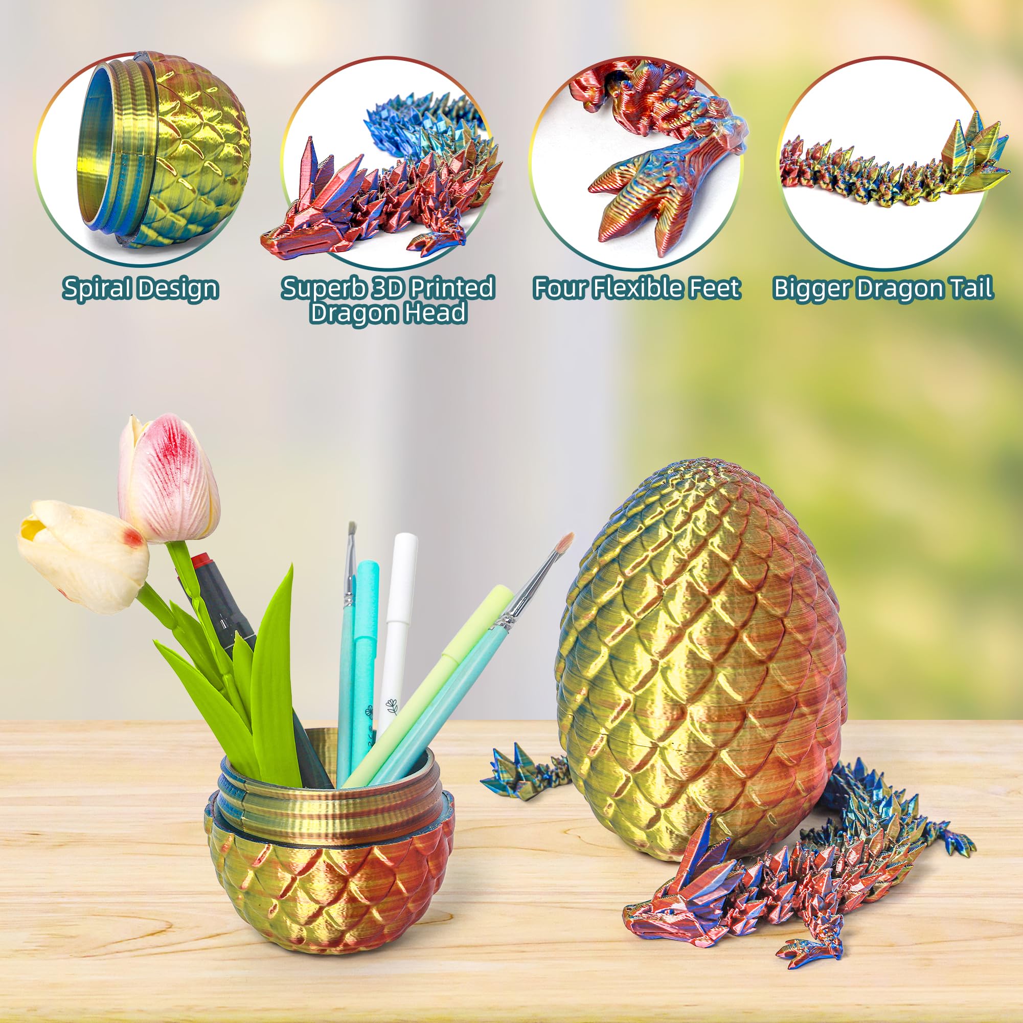 3D Printed Dragon Egg - Flexible Crystal Dino Toy for Easter, Birthday & Desk Decor (Gold Red Blue)