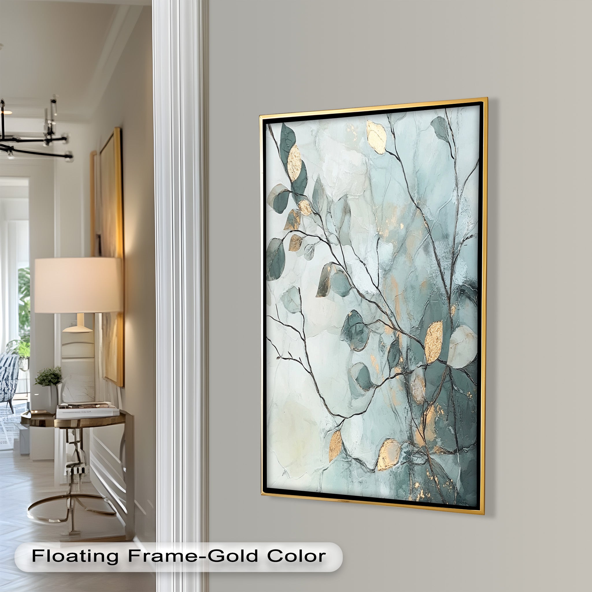 Blue and Metallic Leaf Branch Abstract Oil Painting - Handmade Canvas Wall Art for Living Room, Bedroom & Office Decor