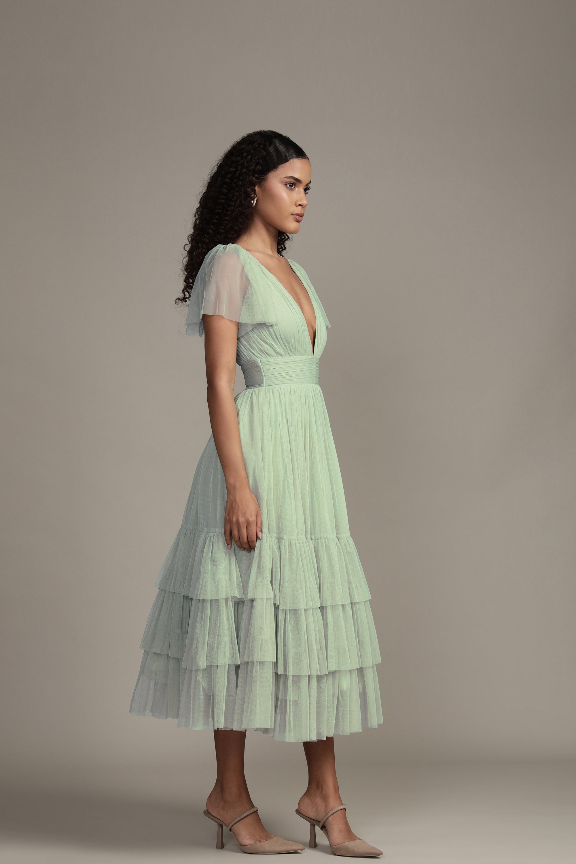 Madison Sage Green Tulle Bridesmaid Midi Dress - Elegant Tea-Length Formal Gown for Weddings, Parties & Special Occasions