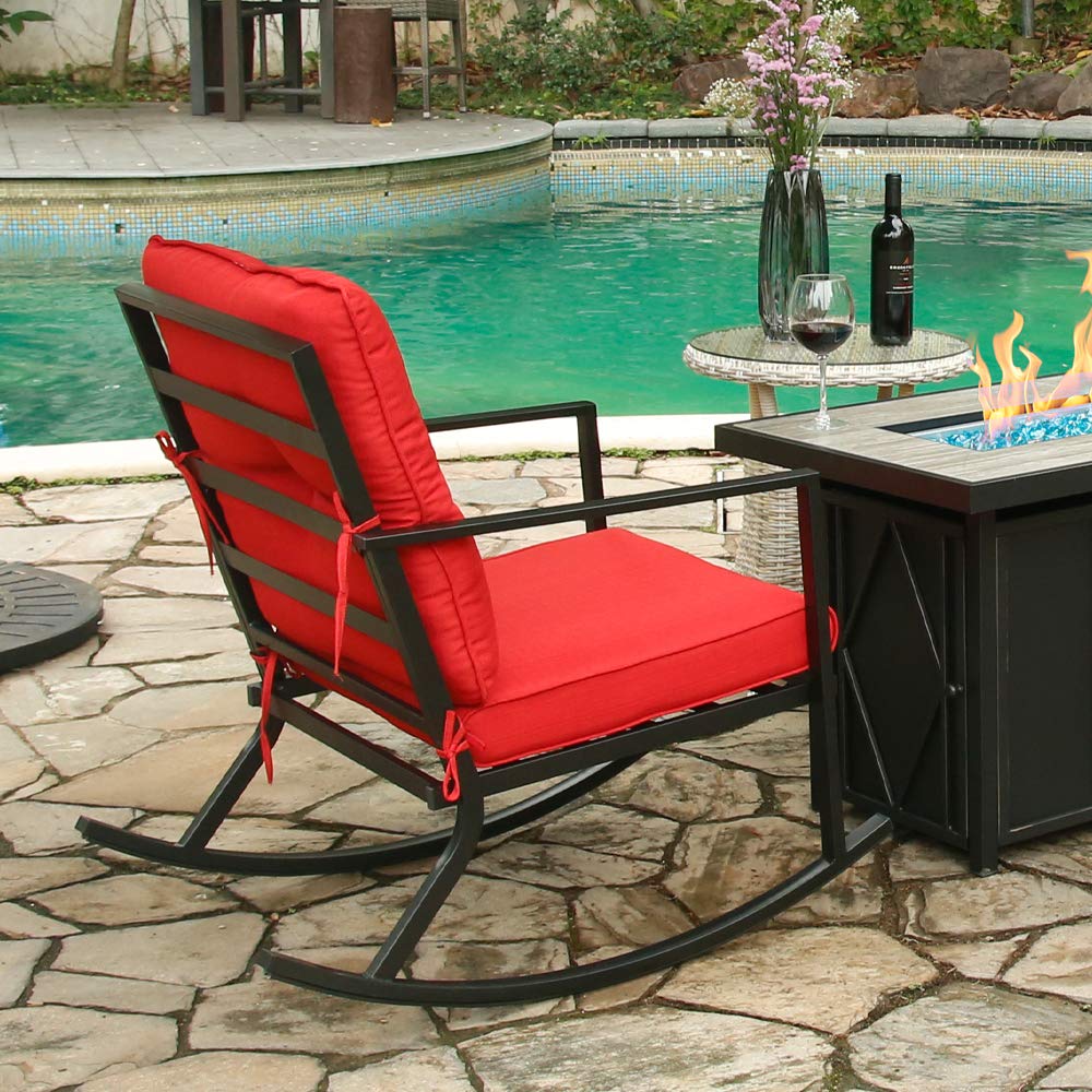 BALI OUTDOORS 2-Piece Patio Rocking Chair Set with Thick Red Cushions & Black Steel Frame - Modern Outdoor Rocker Furniture for Garden, Porch, Backyard Relaxation