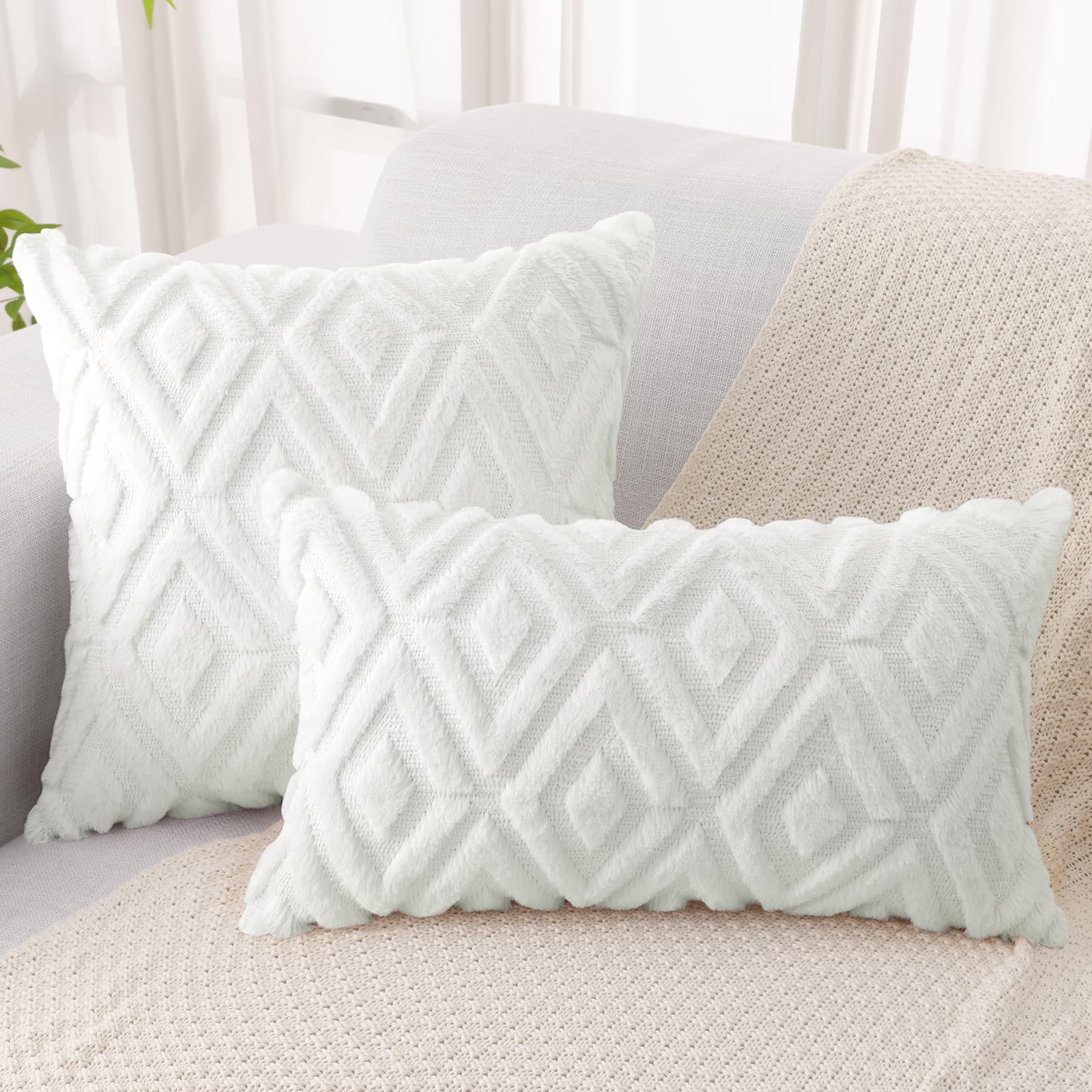 Pallene 22x22 Inch Soft Faux Fur Throw Pillow Covers Set of 2 - Plush Wool Decorative Couch Pillow Covers for Sofa, Bed, Living Room - 3D Diamond Pattern Cream White - Perfect for Home Decor, Cozy Winter Nights and Modern Interior Design