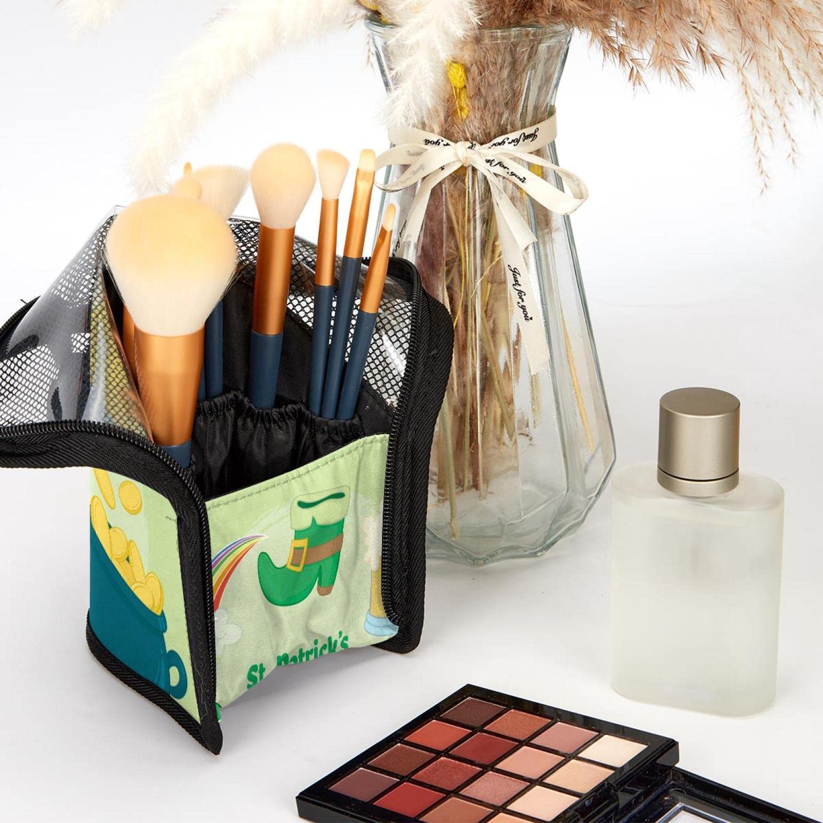 12-Piece Makeup Brush Organizer Bag with Portable Holder Case - Gold Leaf Festival Design for Travel & Home Storage | Perfect Cosmetic Brush Set for Professional Artists & Beginners