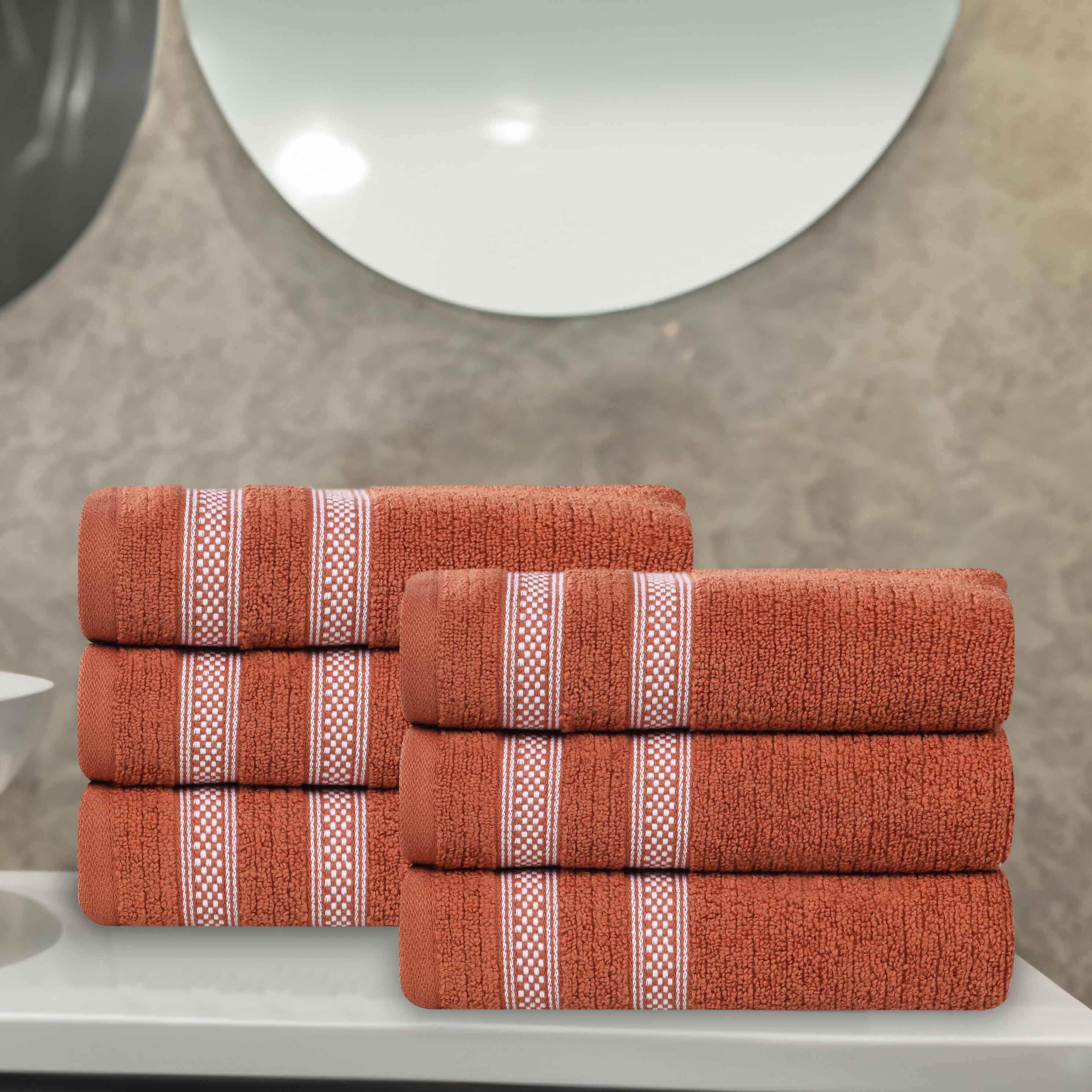 Premium Zero Twist Cotton Ribbed Geometric Border Plush Hand Towel Set of 6 - Ultra Soft & Absorbent Bathroom Towels for Guest Bath, Kitchen, Spa, and Luxury Home Decor