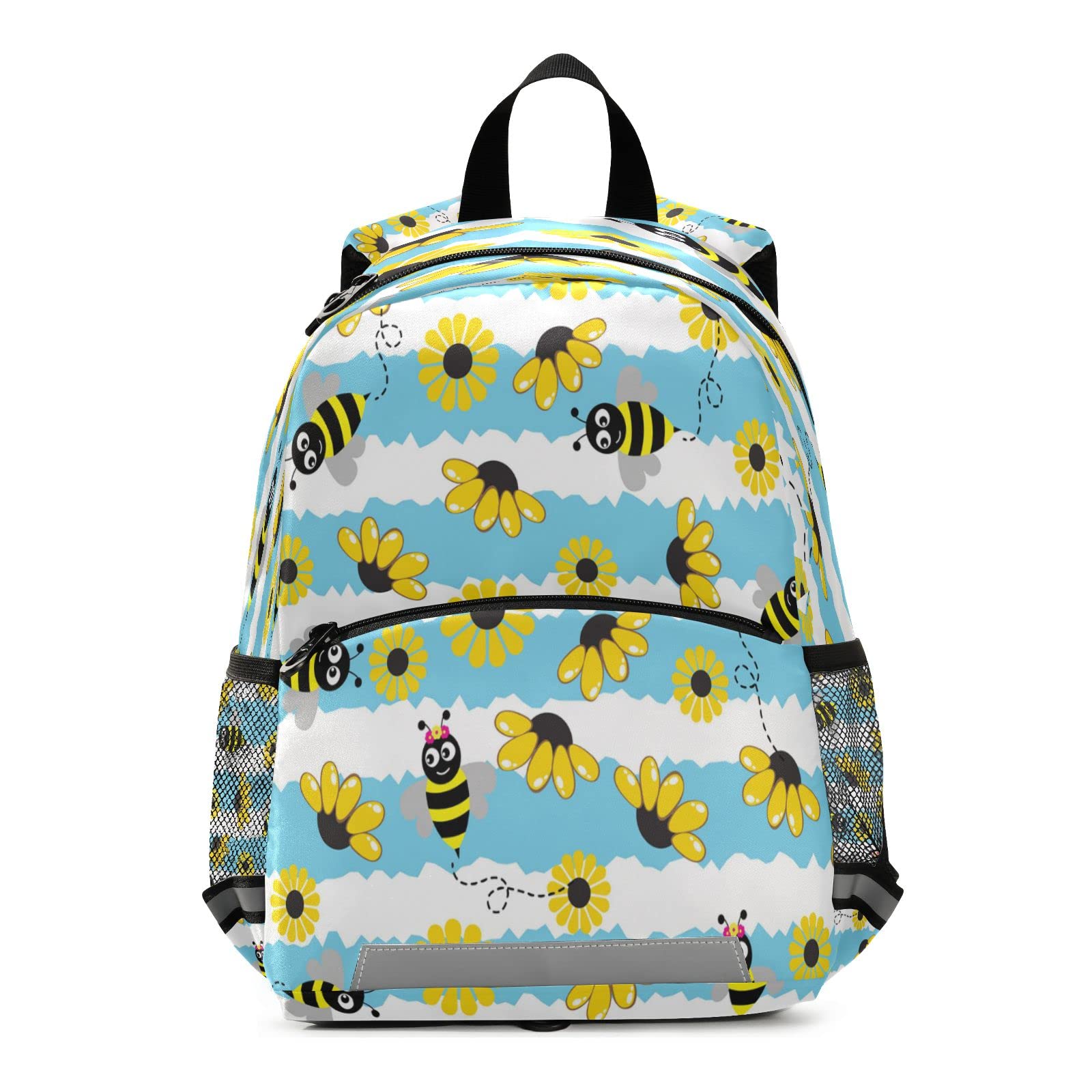 Kcldeci Honey Bee Floral & Blue Stripe Kids Backpack with Safety Leash - Anti-Lost Toddler Backpack for Boys & Girls - Perfect for Preschool, Daycare & Outdoor Adventures