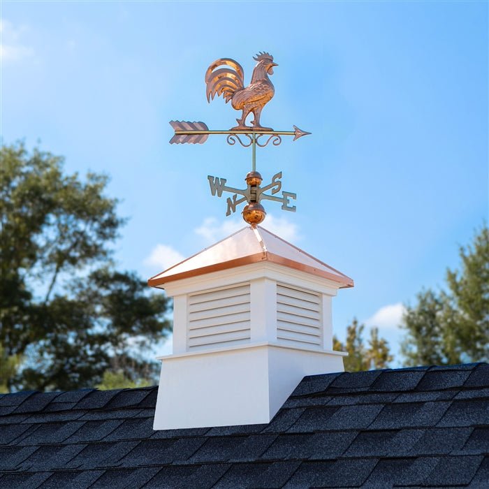 18 Square Manchester Vinyl Cupola with Rooster Weathervane - Decorative Roof Top Weathervane for Barn, Shed, or Gazebo - Perfect for Farmhouse, Cottage, and Rural Home Decor