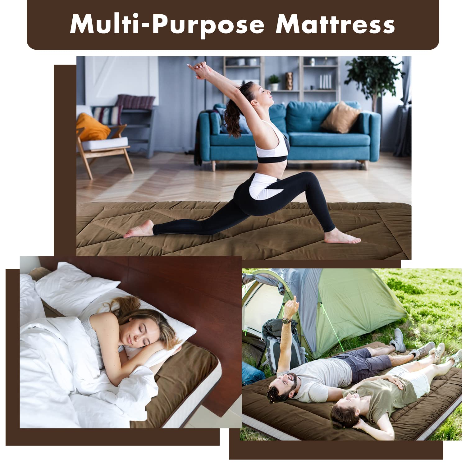 Japanese Floor Mattress Futon - Thick Foldable Sleeping Pad for Adults, Portable Roll Up Camping Mattress - Queen Size Coffee Brown - Perfect for Guest Beds, Dorm Rooms & Outdoor Adventures