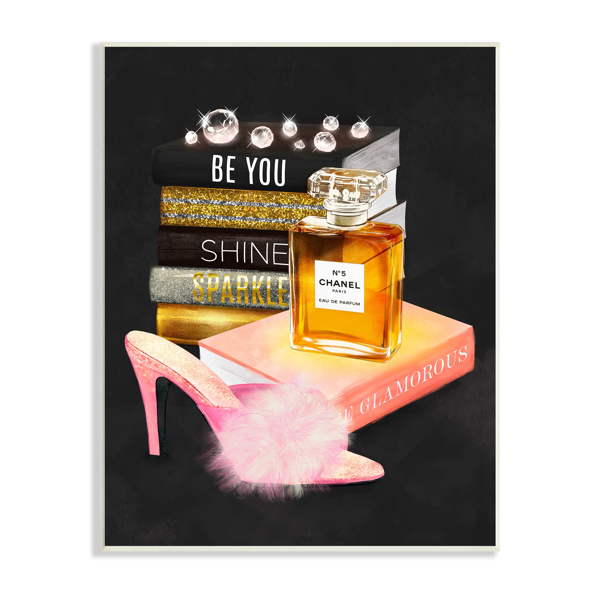 Stupell Industries 'Be You' Motivational Perfume Bottle & Bookstack Decor - Fluffy Pompom Heel Design by Ziwei Li | Inspirational Home & Office Decor for Women