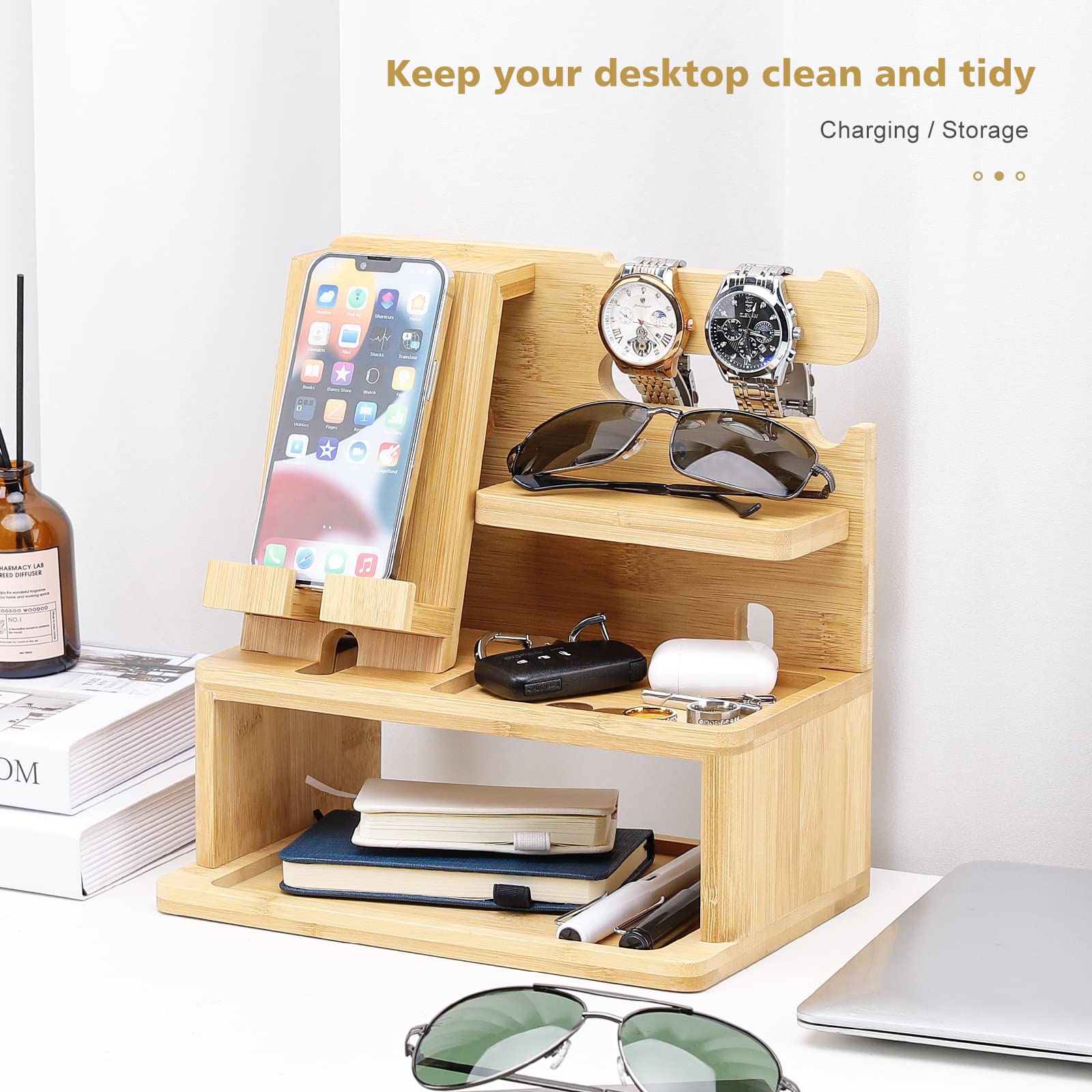 Bamboo Charging Station - Multi-Device Docking Organizer for Phone, Smartwatch, Tablet & Keys | Nightstand Storage for Electronics | Perfect Gift for Men, Women, Father & Husband | Home & Office Use