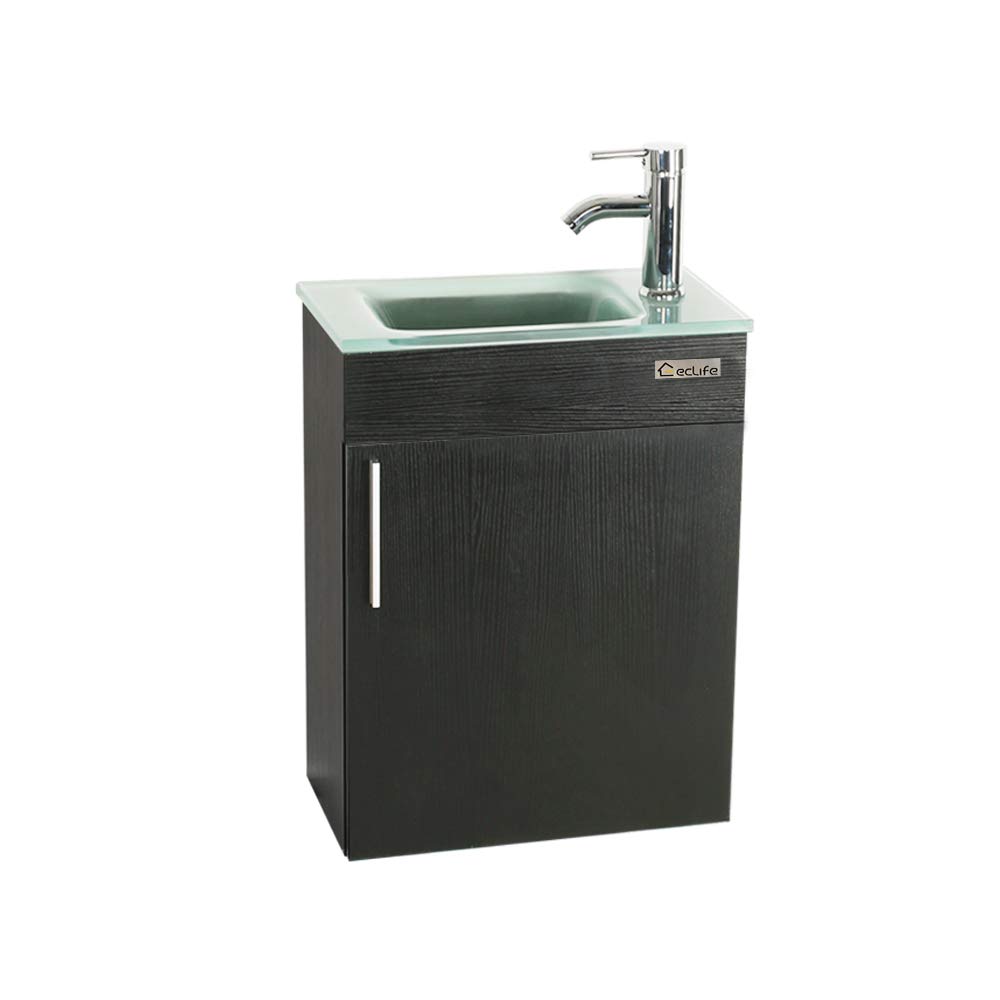 eclife 18.4’’ Modern Wall Mounted Bathroom Vanity Set with Tempered Glass Sink Top, Chrome Faucet & Flexible U-Shape Drain - Space-Saving Design for Small Bathrooms & Powder Rooms (A15E01)
