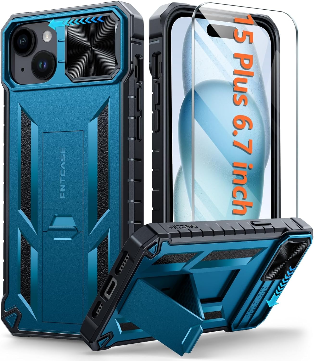 iPhone 15 Plus Heavy Duty Shockproof Case with Kickstand - Rugged Protective Phone Cover for Outdoor, Work & Travel | Compatible with Wireless Charging
