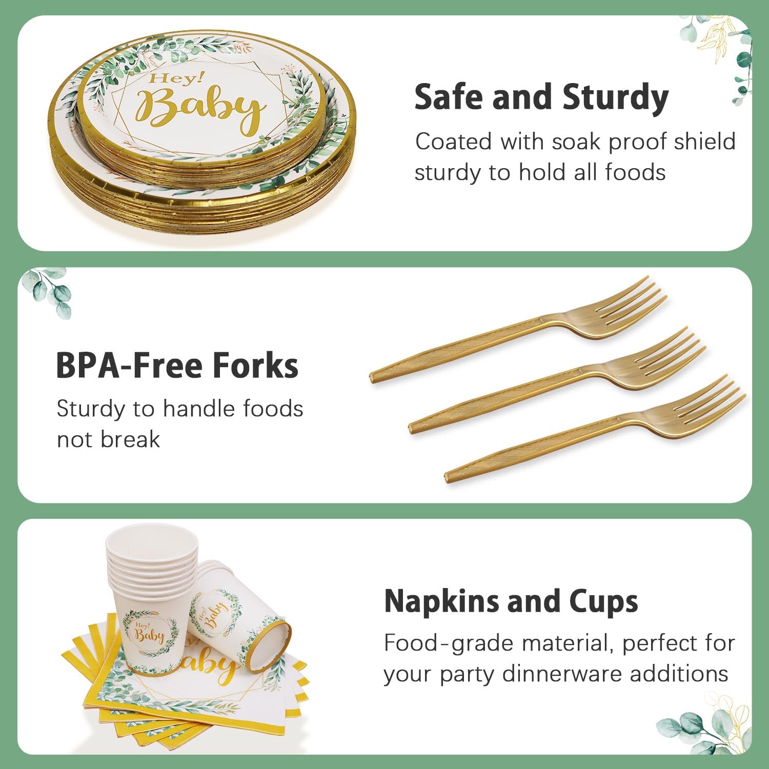 125-Piece Sage Green Baby Shower Tableware Set - Gender Neutral Paper Plates, Cups, Napkins & Forks for 25 Guests | Perfect for Baby Shower Decorations, Gender Reveal Parties & Coed Celebrations