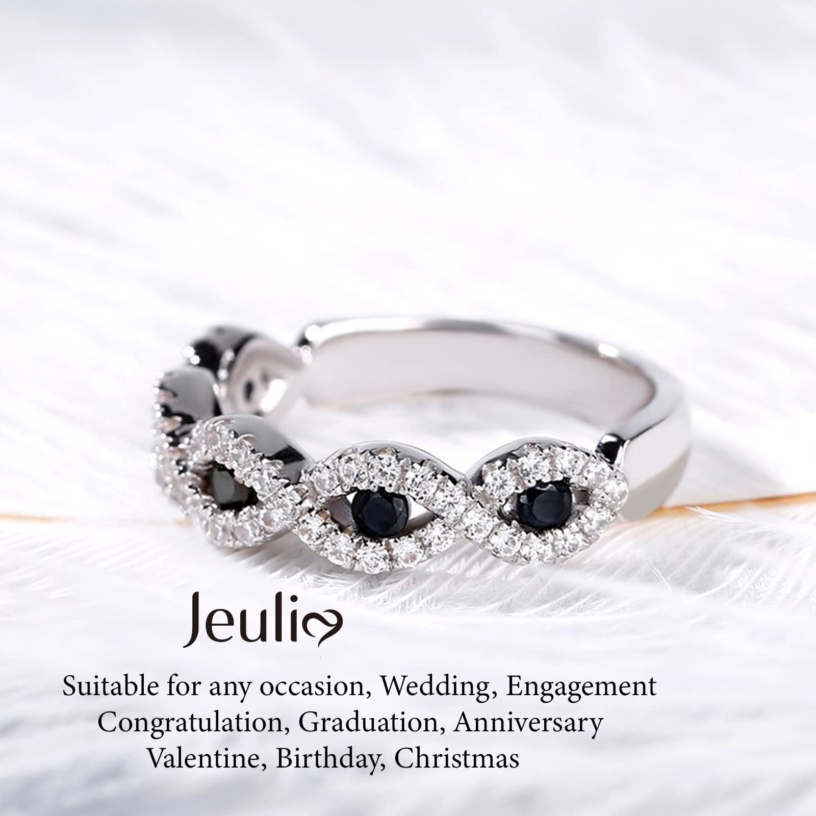 Jeulia Engraved Wedding Stackable Rings - Sterling Silver Band with Sapphire Blue & White Diamond Cubic Zirconia - Half Eternity Engagement, Promise & Anniversary Rings - Gift Box Included - Perfect for Proposals, Vows Renewal & Romantic Gifts