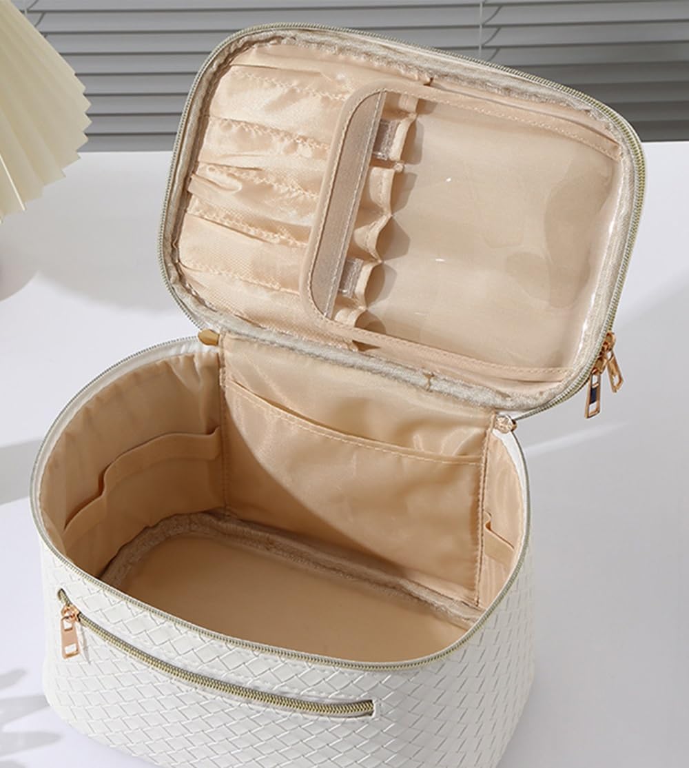 Double Layer Waterproof Makeup Bag for Women with Jewelry Organizer - Travel Cosmetic & Toiletry Pouch (Pink) - Perfect for Travel, Gym, and Daily Beauty Storage