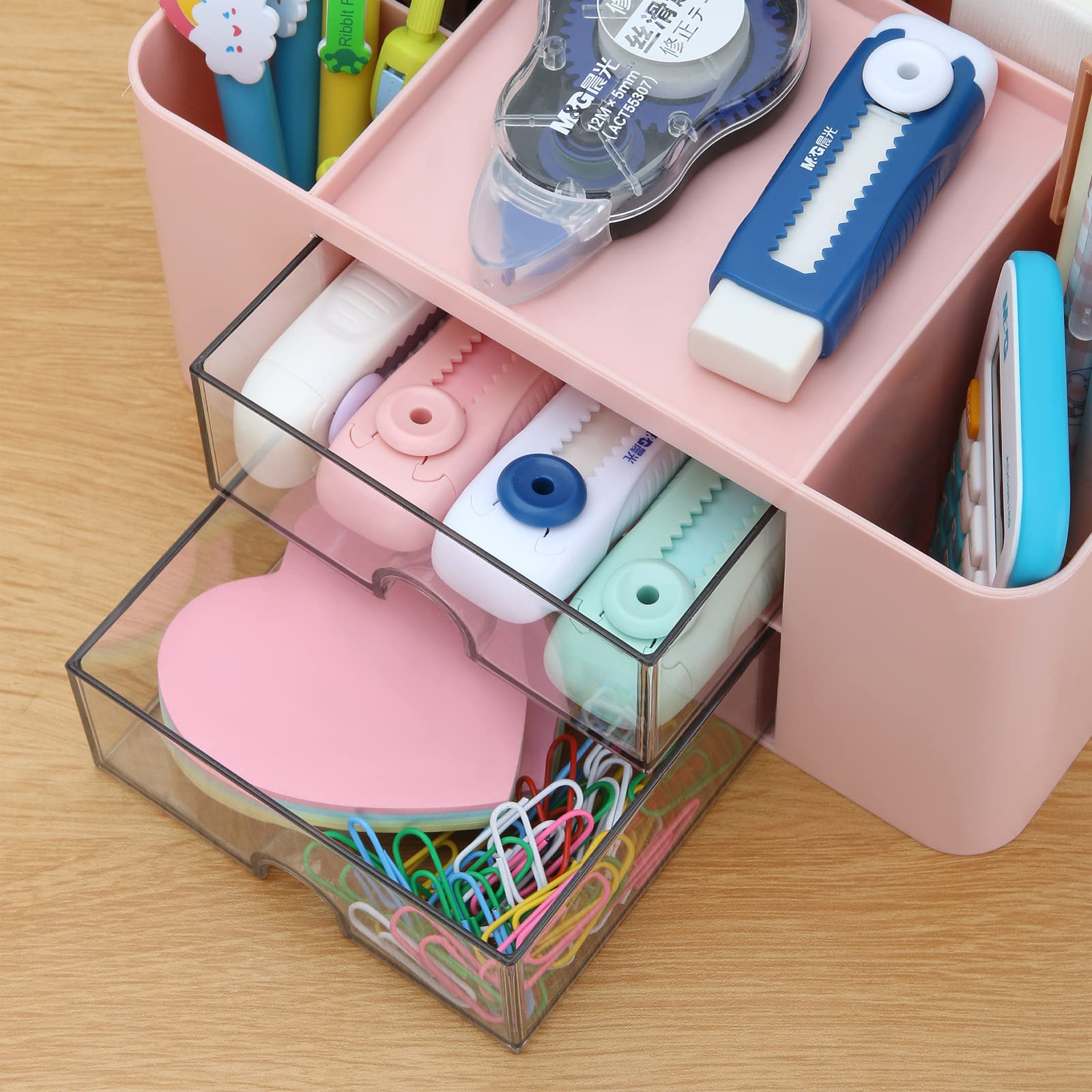 LETURE 2-Drawer Plastic Desk Organizer - Pen, Pencil & Card Holder Storage Box for Office, School & Home Use - Perfect for Desk, Vanity Table & Workspace Organization (Pink)