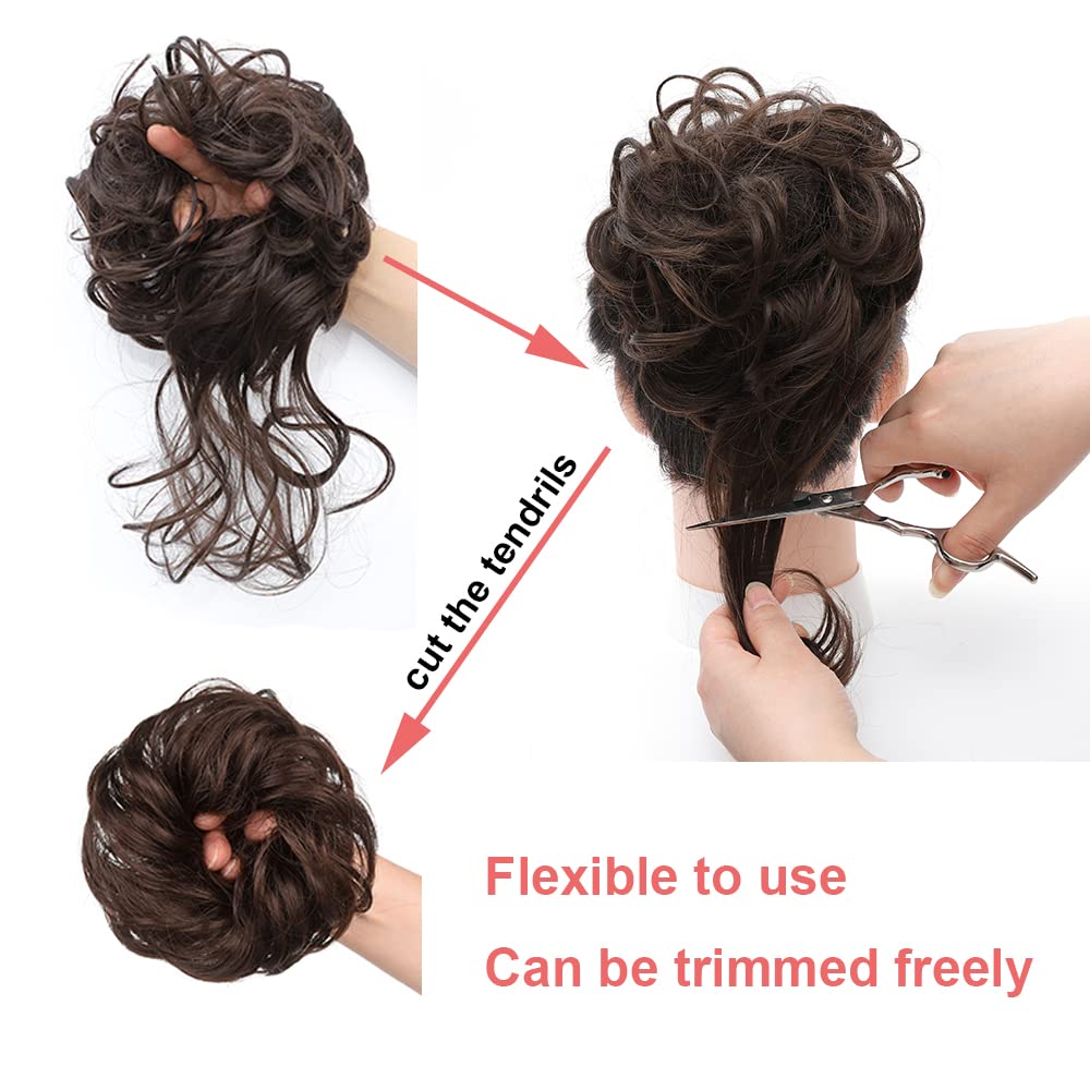 KETHBE Messy Bun Hair Piece - Tousled Updo Hair Extension with Elastic Band, Curly Hair Bun Scrunchie for Women (Brownish Black) - Perfect for Casual, Party & Everyday Hairstyles