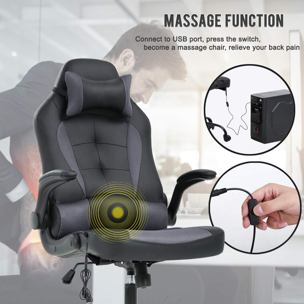 Ergonomic Gaming Chair with Lumbar Support & Headrest - High Back PU Leather Office Chair for Adults - Adjustable Racing Style Computer Desk Chair with Massage Function & Swivel Base - Perfect for Home Office, Gaming Setup & Workstation Comfort (Grey)
