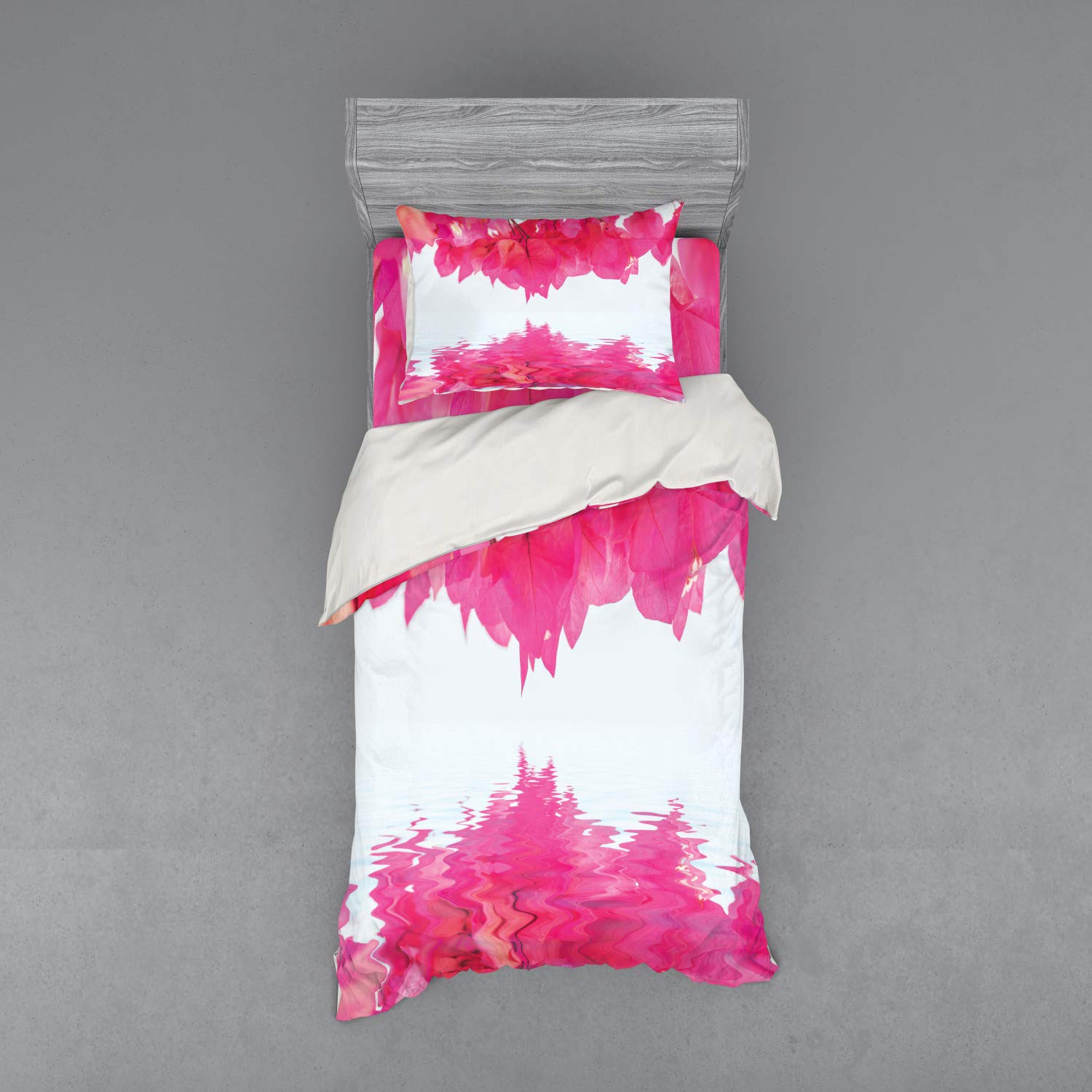 Ambesonne Floral Bedding Set - Bougainvillea Flower Petals Duvet Cover with Sham & Fitted Sheet, 3-Piece Twin Size in Hot Pink | Exotic Feminine Print for Girls Bedroom, Guest Room or Dorm Decor