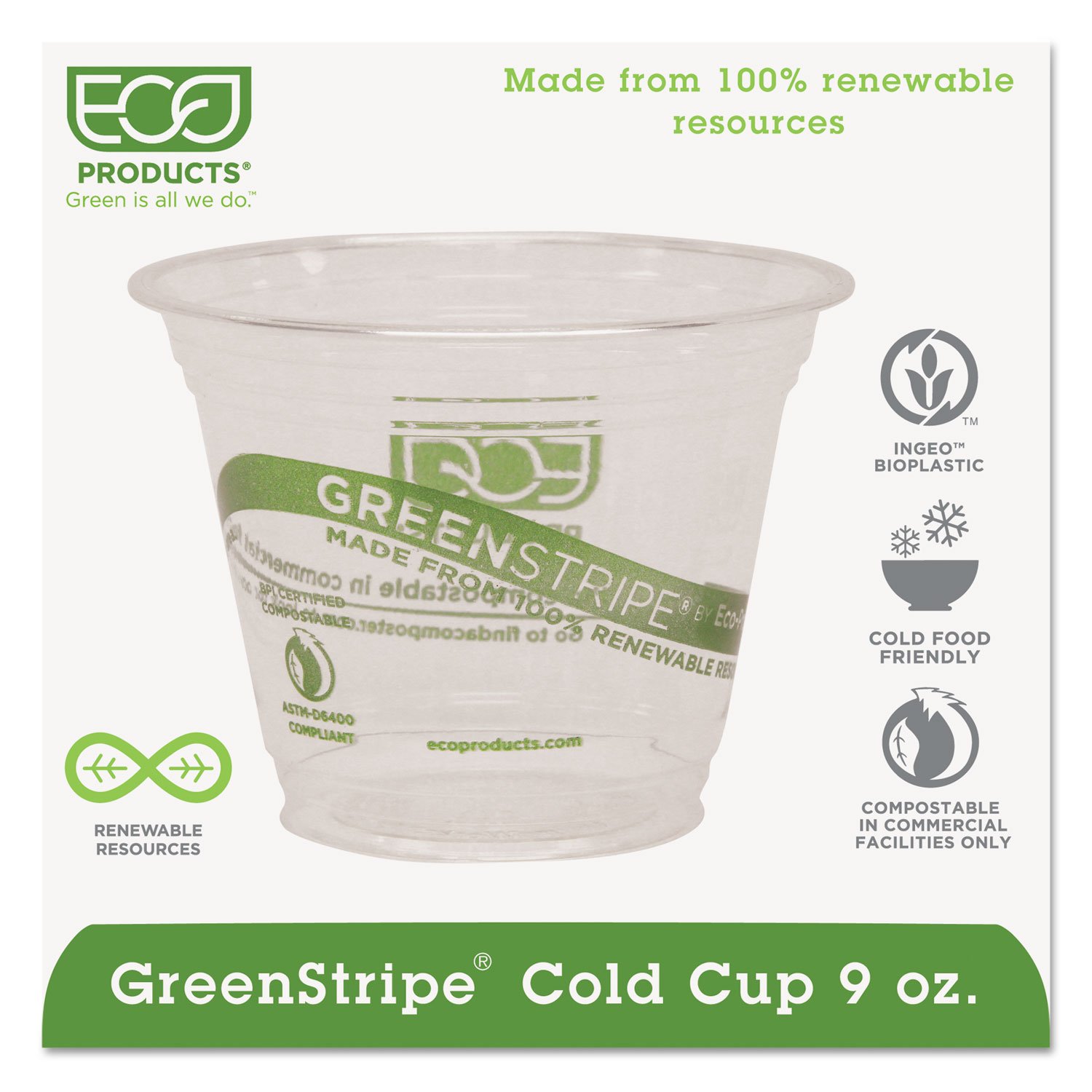 Eco-Friendly 9oz Compostable Cold Cups - 50 Pack (20 Cases) | Biodegradable & Renewable GreenStripe Cups for Parties, Picnics & Sustainable Events