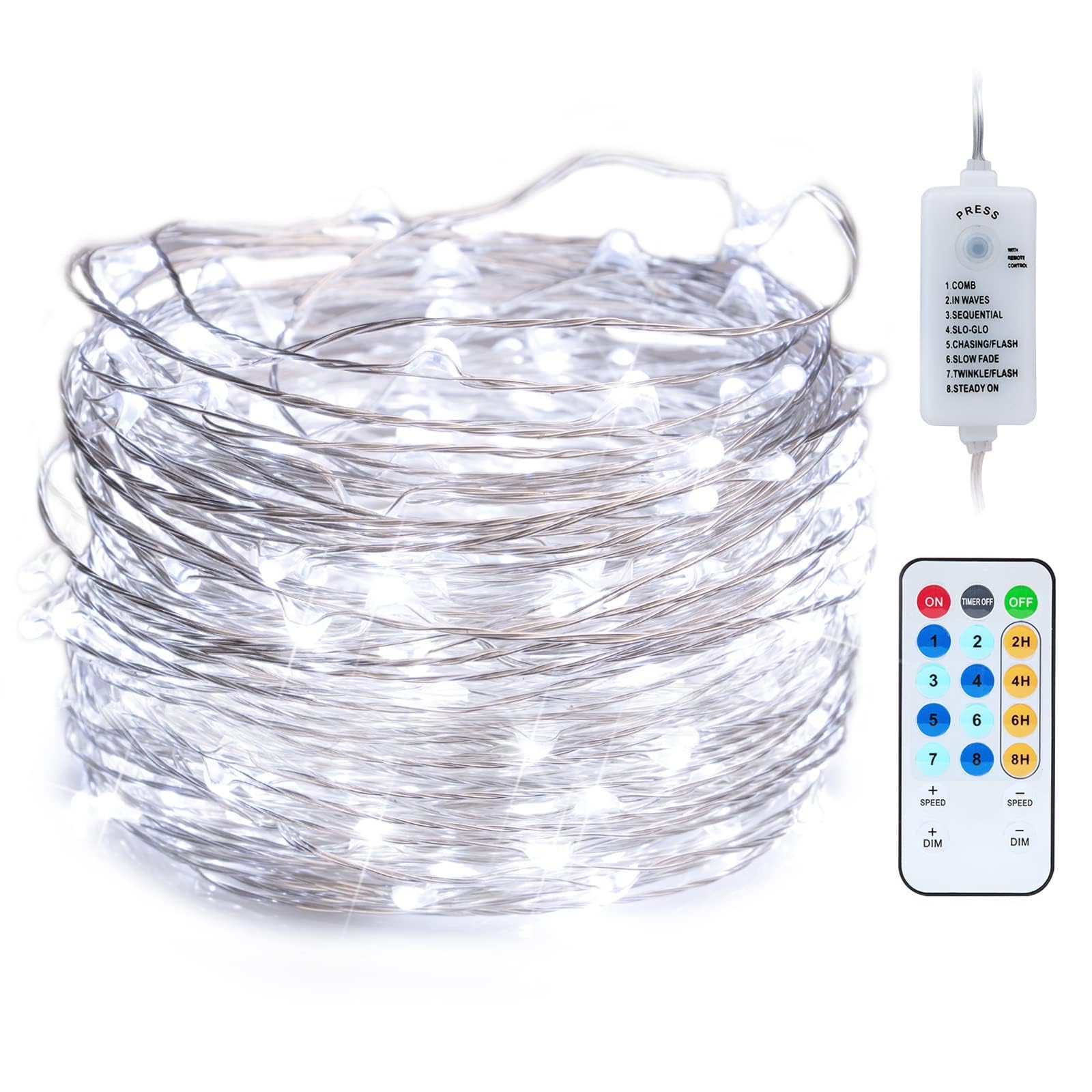 40FT 120LED USB Fairy String Lights with 8 Lighting Modes - Twinkle Lights for Bedroom, Halloween, Christmas Tree, Wreath, Party & Wedding Decoration - Pure White Firefly Lights for Indoor & Outdoor Use