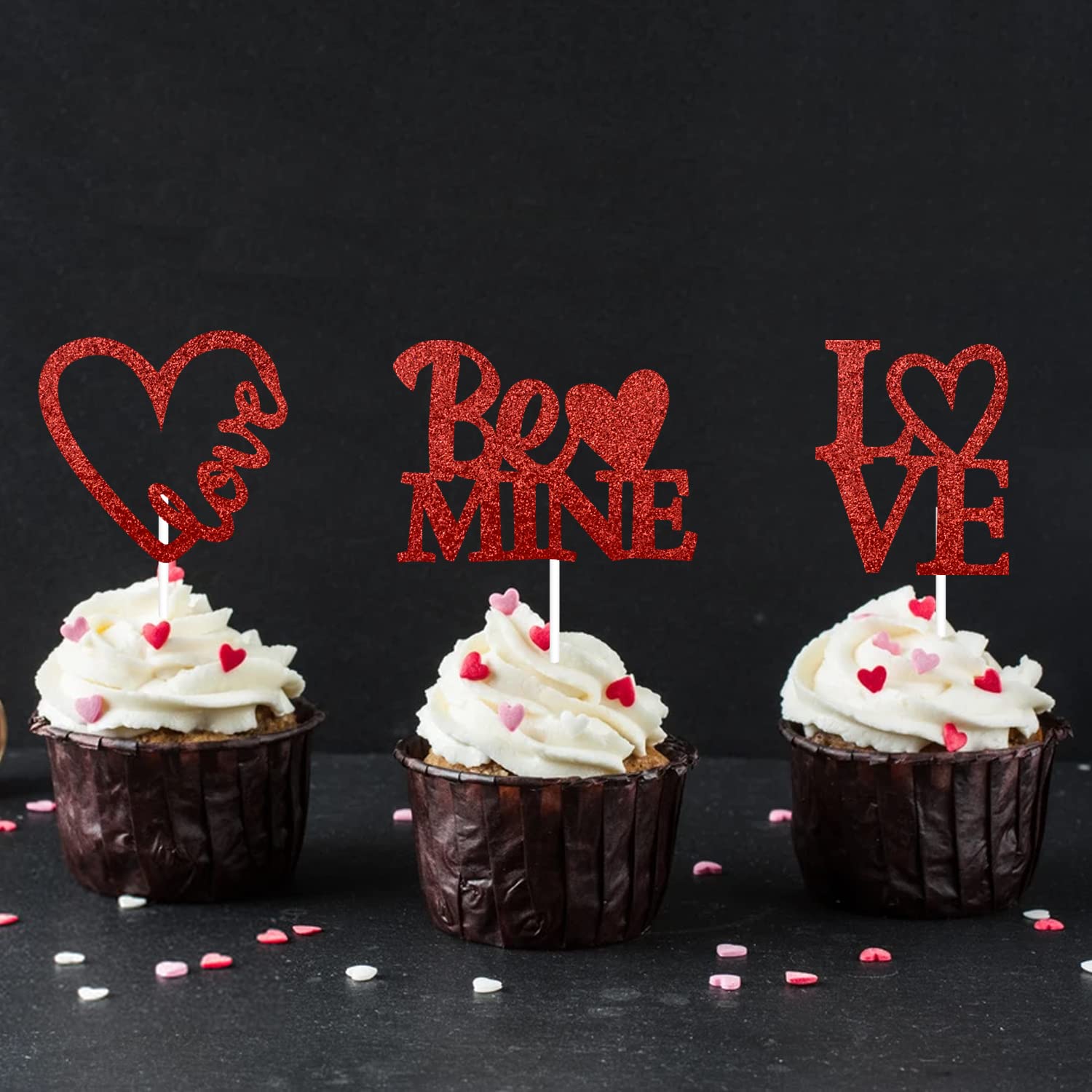 24Pcs Valentine's Day Cupcake Toppers - Glittery Red Heart Shaped Decorations for Wedding Proposals, Anniversary & Romantic Celebrations - Happy Valentines Day Party Supplies (Love, Be Mine Designs) - Perfect for Cupcakes, Cakes & Dessert Decorating