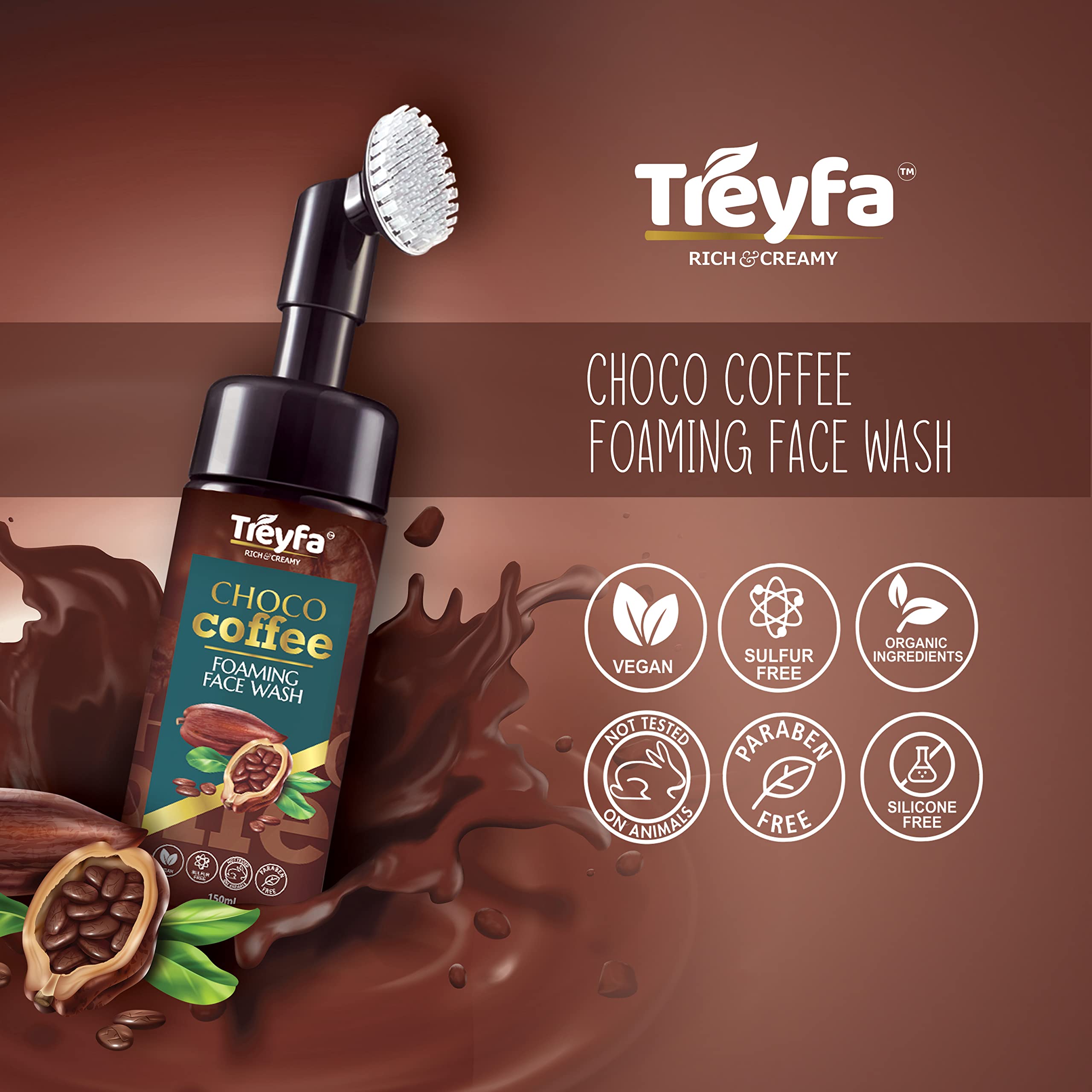 Treyfa Choco Coffee Foaming Face Wash with Vitamin C - Natural Glow & Hydrating Cleanser for Men & Women | Acne Treatment & Beard Wash | Paraben, Sulfate & Silicone Free (150ml) | Perfect for Morning Skincare Routine & Post-Shave Care