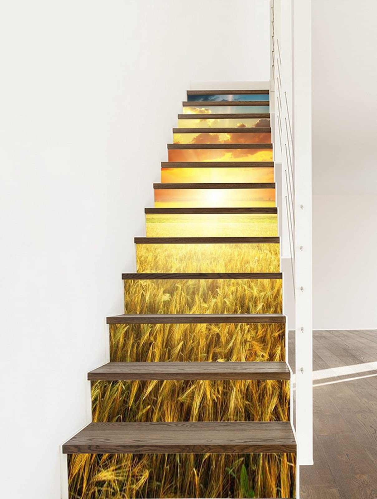 3D Self-Adhesive Removable Stair Stickers - Wheat Field Sunset & Cloudy Sky Landscape Vinyl Decals for Stairs, Kitchen Tiles & Walls (13-Piece Set) | Nature-Inspired Home Decor for Stair Risers, Backsplash & Accent Walls