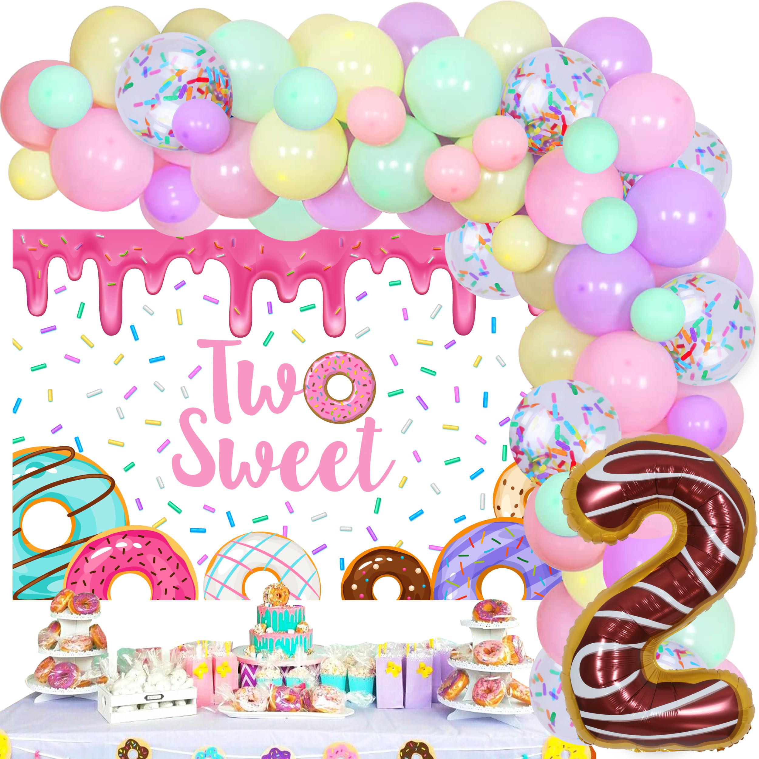 Donut Themed 2nd Birthday Party Decorations for Girls - Sweet Macaron Balloon Garland Kit with 5x3ft Backdrop & Number 2 Foil Balloon | Perfect for Baby Girl's Birthday, First Birthday, Donut Party & Photo Booth Decor