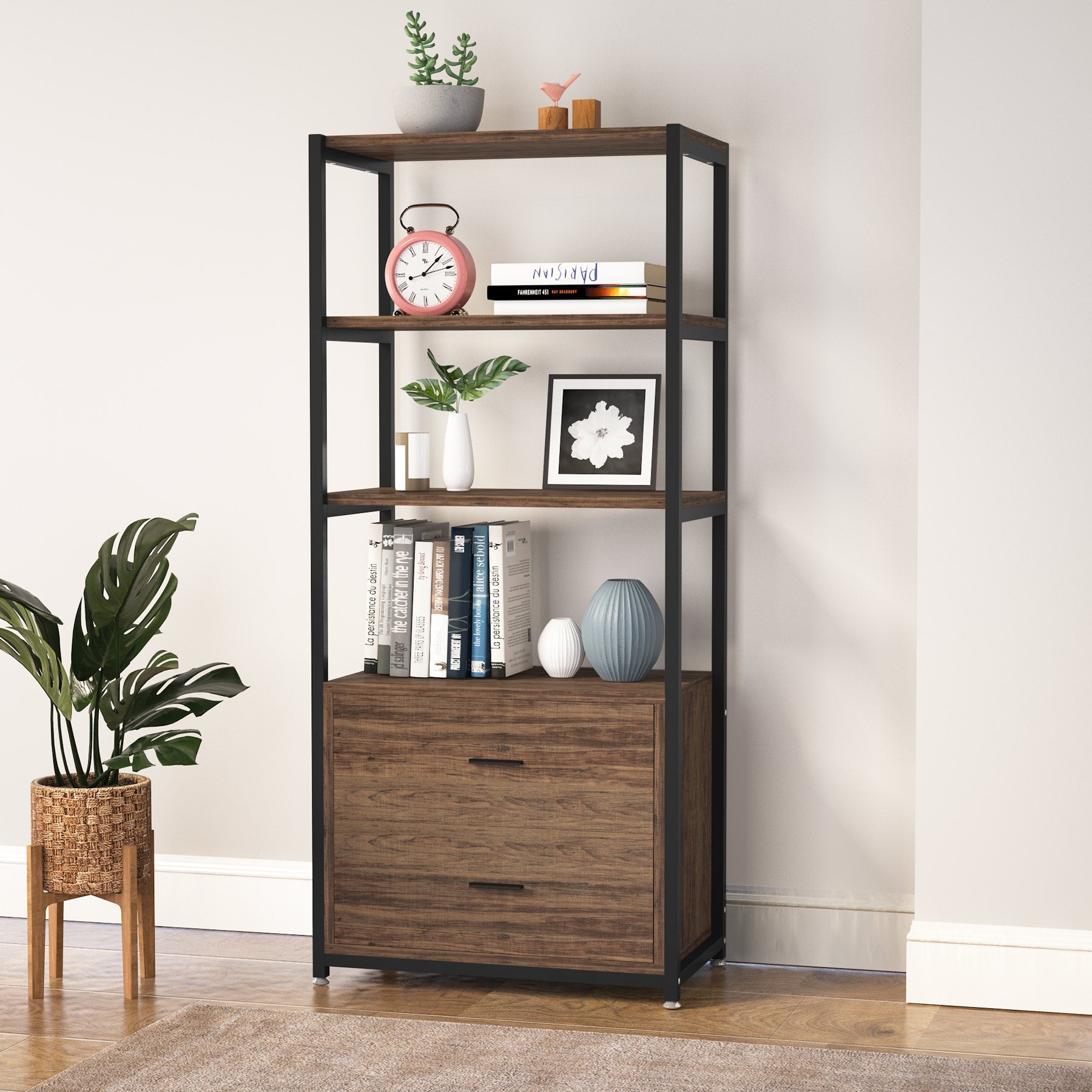 2 Drawer Bookshelf Etagere Bookcase with Open Shelves - Modern Wooden Storage Shelf for Living Room, Bedroom & Office - Perfect for Books, Decor & Organizing Small Spaces
