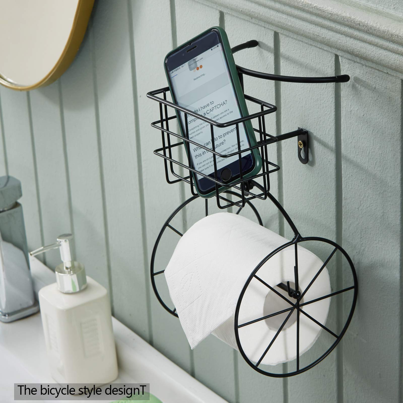 Jancin Black Metal Bicycle Toilet Paper Holder with Shelf - Bathroom Storage Wall Mount Paper Towel Rack & Phone Holder - Perfect for Small Spaces, RV, Apartment & Farmhouse Decor
