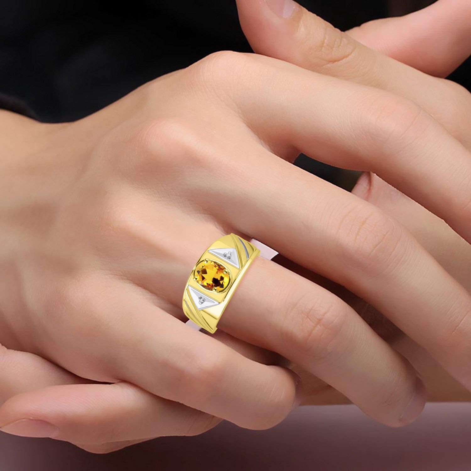 Men's Gold Plated Silver Ring with Oval Gemstone & Diamonds - Perfect for Birthdays & Gifts