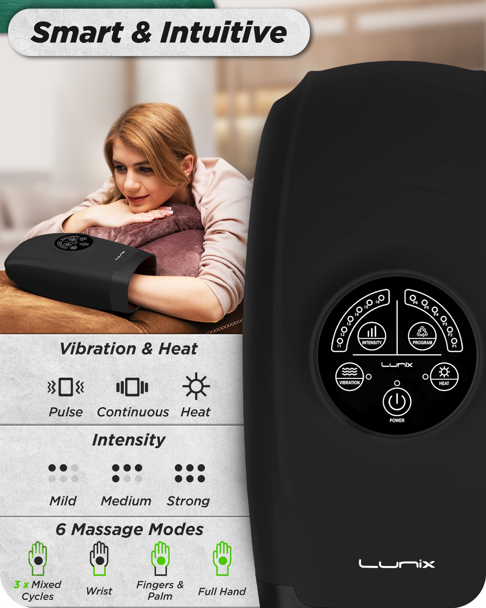 Lunix LX3 Cordless Electric Hand Massager with Compression - 6 Levels Pressure Point Therapy for Arthritis Pain Relief, Carpal Tunnel & Finger Numbness - Shiatsu Massage Machine with Heat for Home, Office & Travel Use