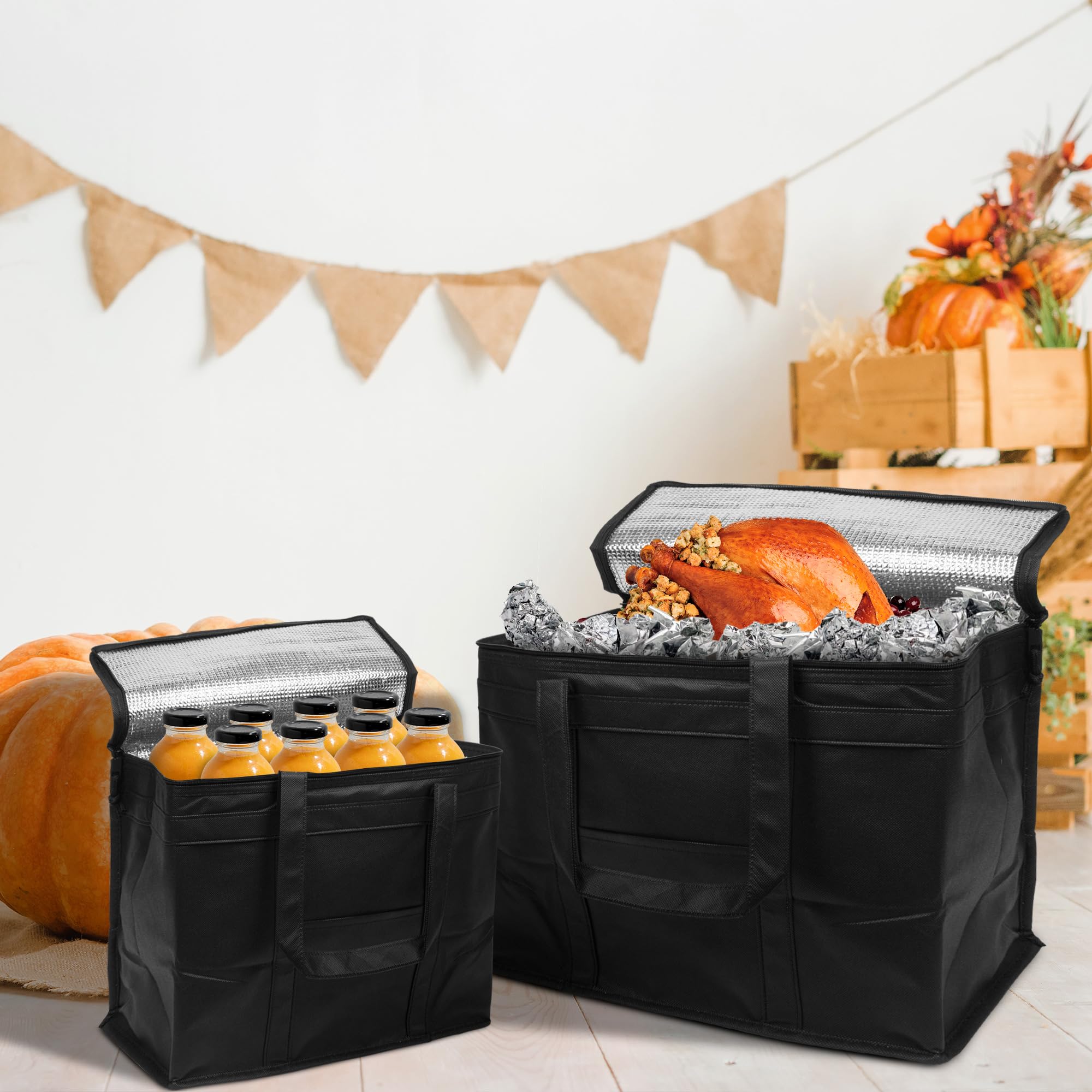 Black Insulated Food Delivery Bag with Zipper Top - Thermal Grocery & Catering Tote for Takeout, Meal Prep & Picnics | Perfect for Uber Eats, DoorDash & Restaurant Deliveries