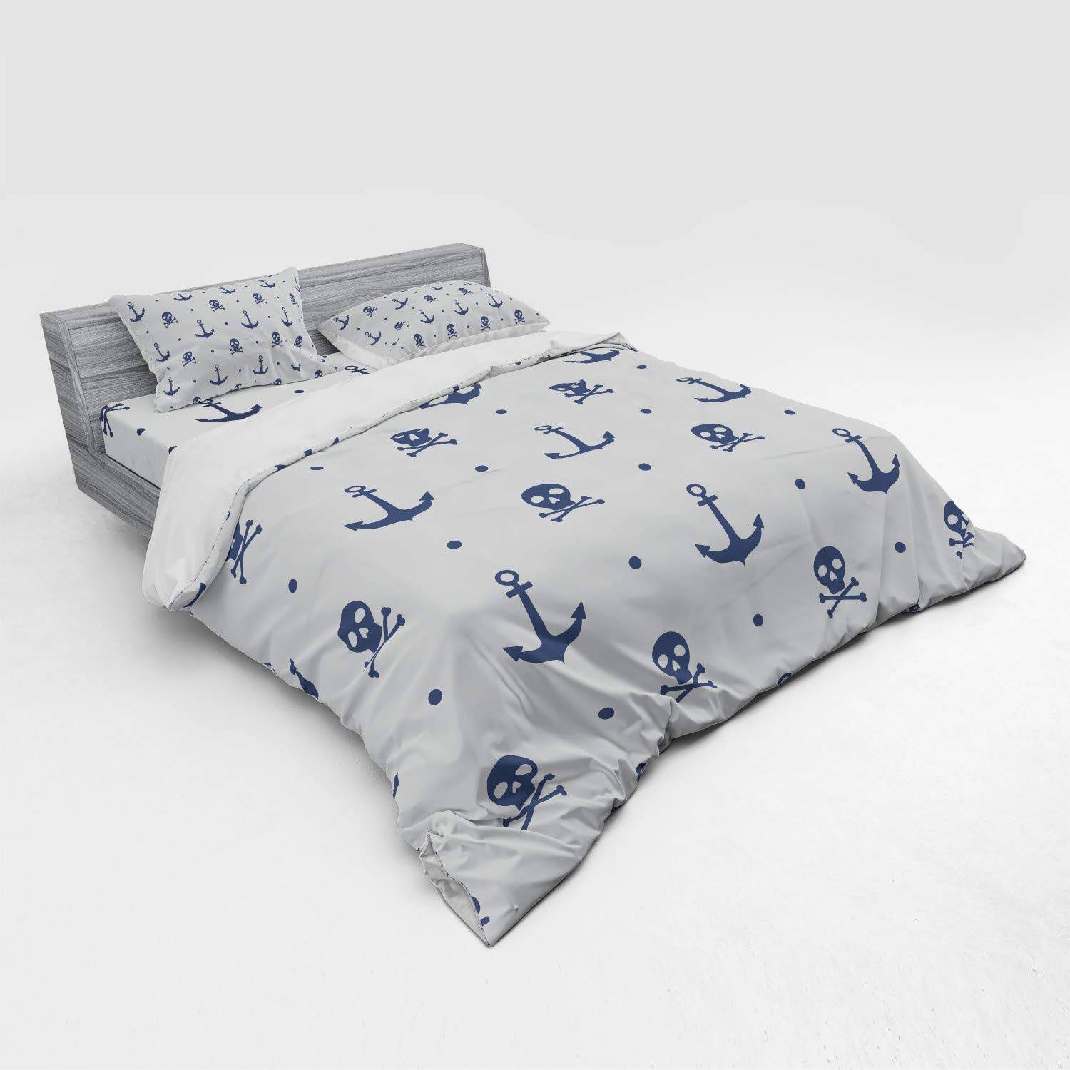 Ambesonne Anchor Duvet Cover Set - Pirate Themed Navy Blue King Size 4-Piece Bedding with Shams & Fitted Sheet - Perfect for Nautical Decor, Pirate Lover Gifts & Coastal Themed Bedrooms