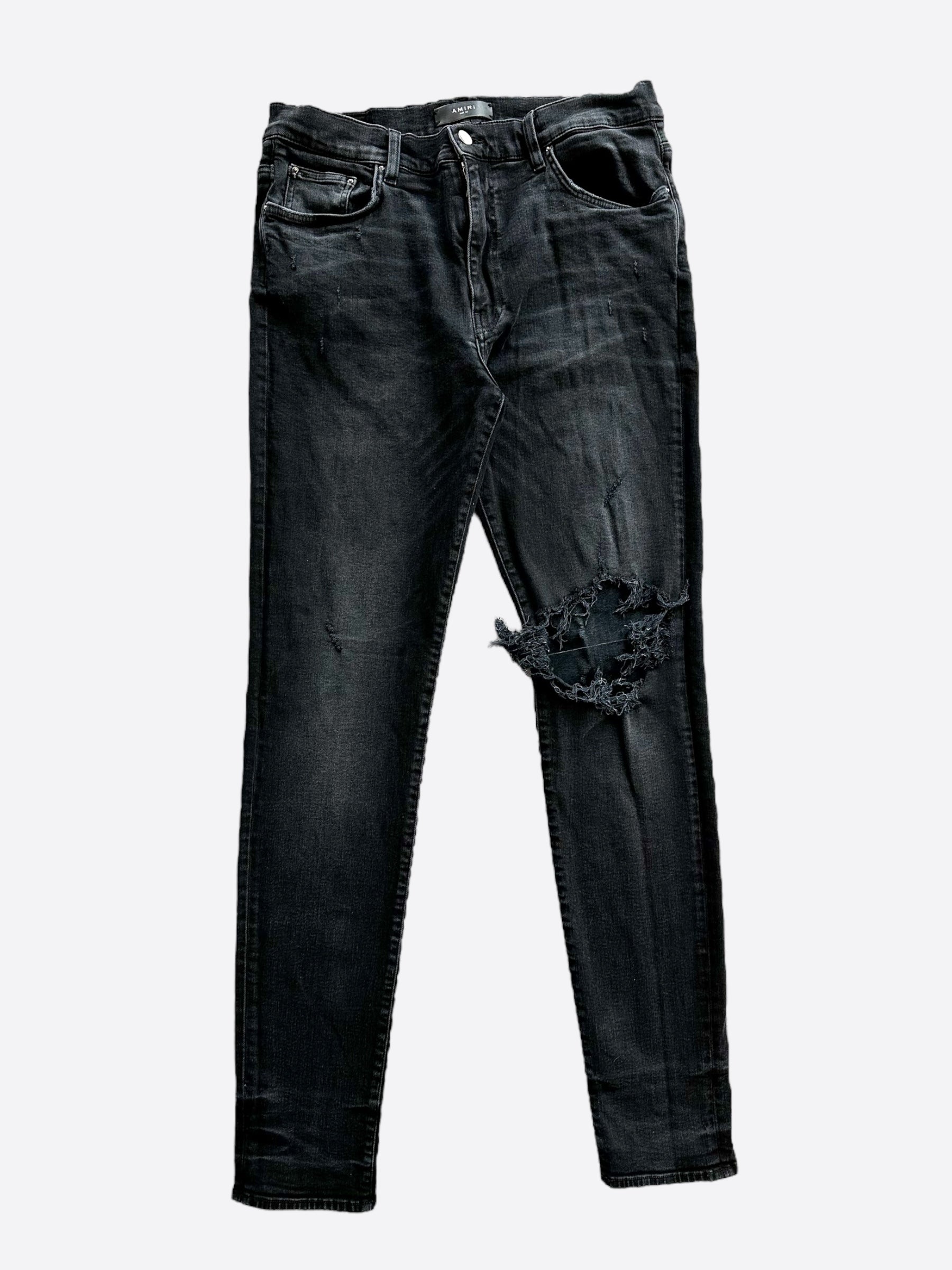 Amiri Washed Black Distressed Knee Ripped Jeans for Men - Stylish Slim Fit Denim Pants for Casual Wear & Street Fashion