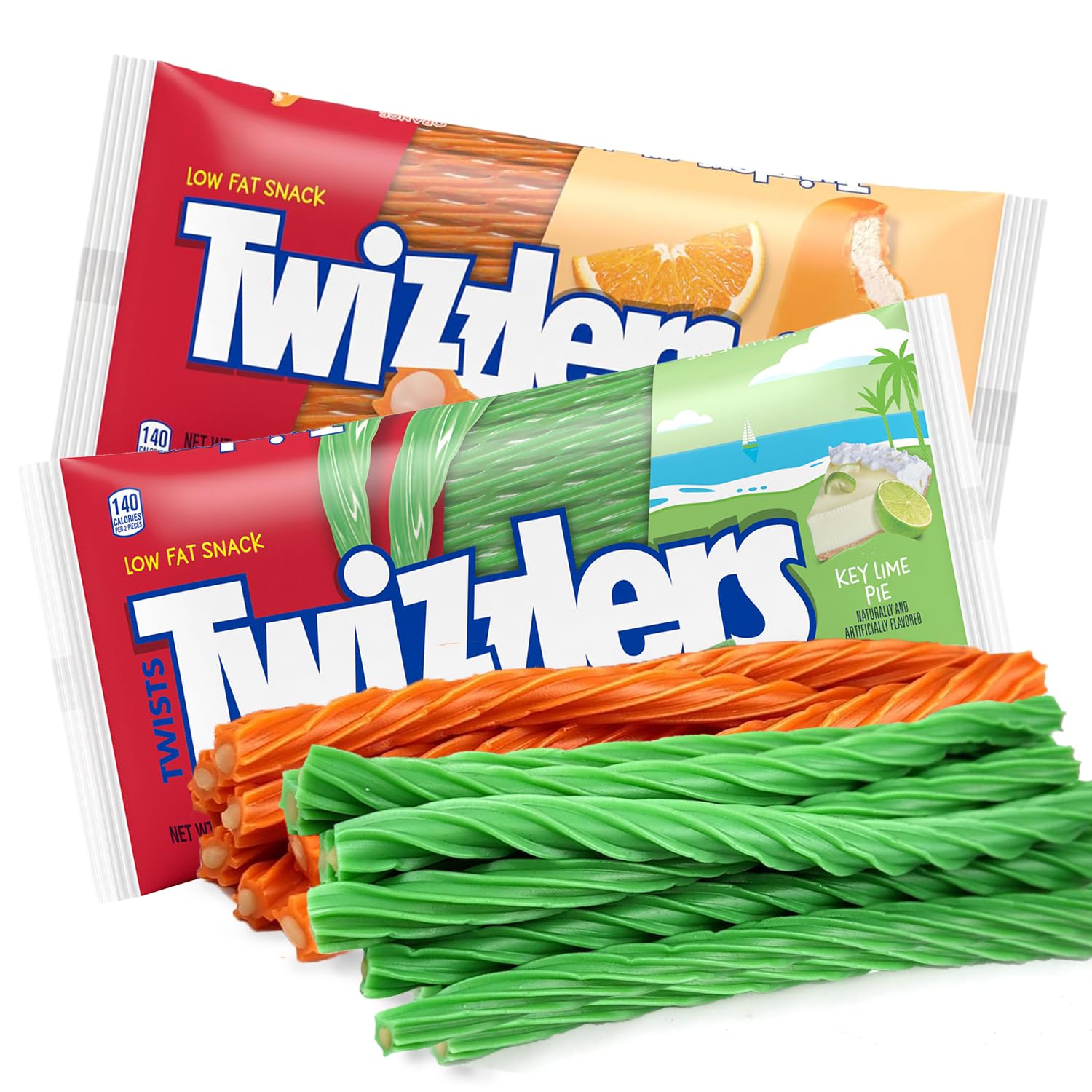 Orange Pop & Key Lime Pie Flavored Cream Filled Licorice Candy Twists - Soft & Chewy Sweets (2 Pack) | Perfect for Party Favors, Snacks, Movie Nights & Office Treats