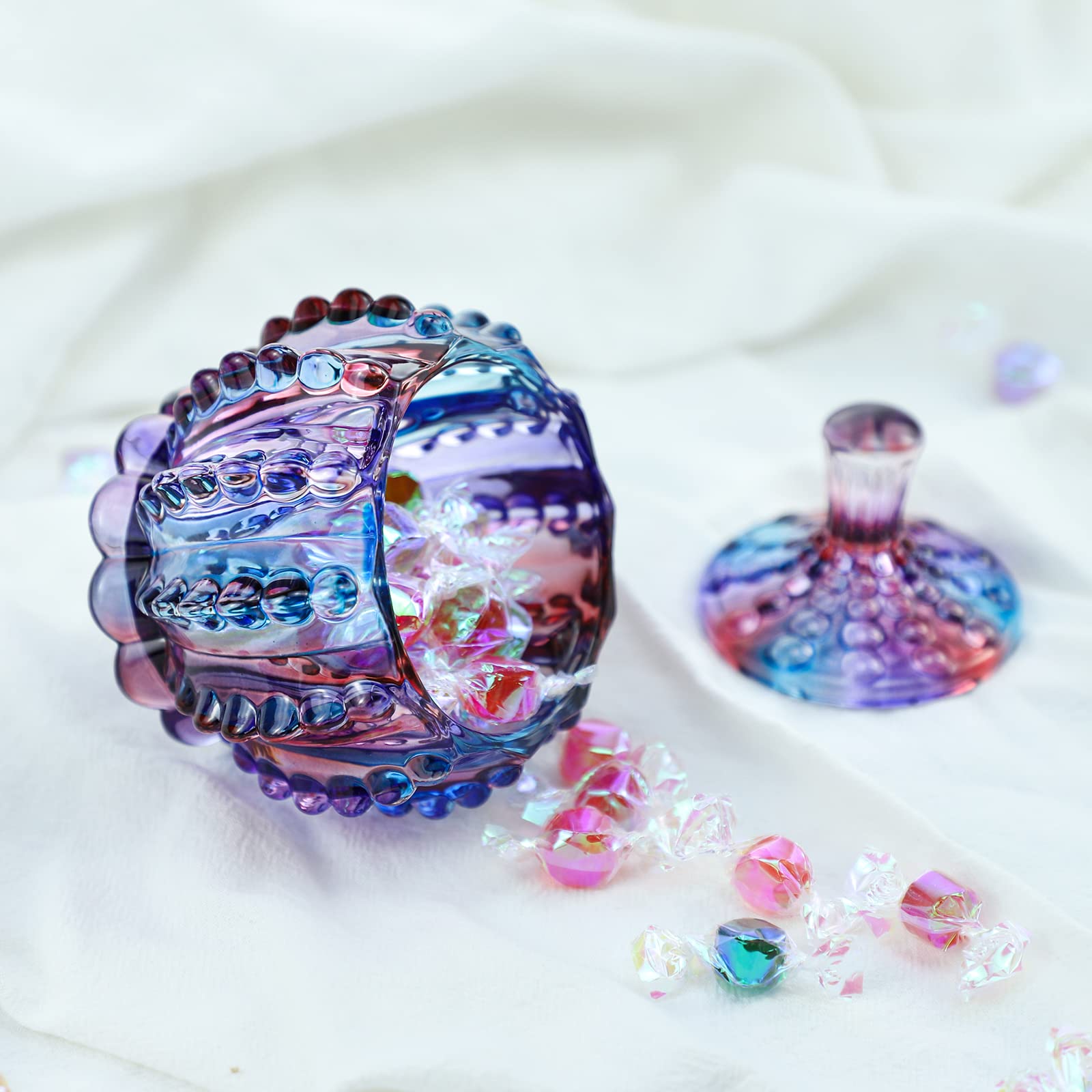 Royal Embossed Clear Glass Apothecary Jar with Lid - 7oz Candy Storage Container, Wedding Buffet Display, Jewelry Organizer & Food Jar - Elegant Purple Chain Design | Perfect for Home Decor, Party Favors & Gift Packaging