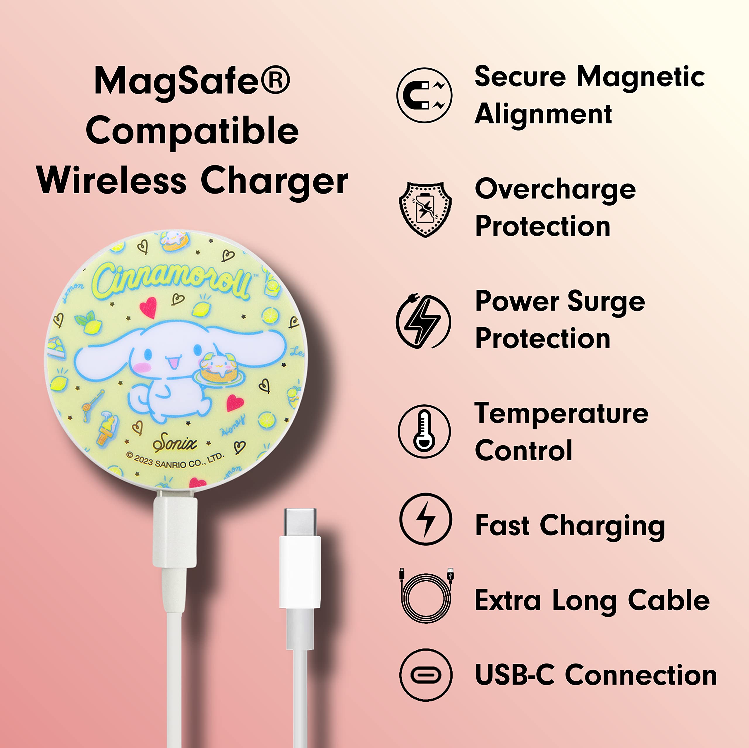 Sonix x Sanrio Cinnamoroll Lemon MagSafe Wireless Charger - Fast Charging for iPhone 15/14/13/12 Series with 6.5ft USB-C Cable | Perfect for Home, Office & Travel Use