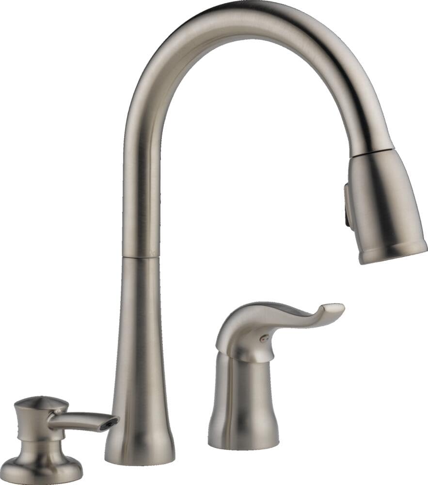 Delta Kate Brushed Nickel Pull Down Kitchen Faucet with Sprayer & Soap Dispenser - Modern Stainless Steel Sink Faucet for Home & Restaurant Kitchens (Model 16970-SSSD-DST) - Perfect for Washing Dishes, Filling Pots & Cleaning Countertops